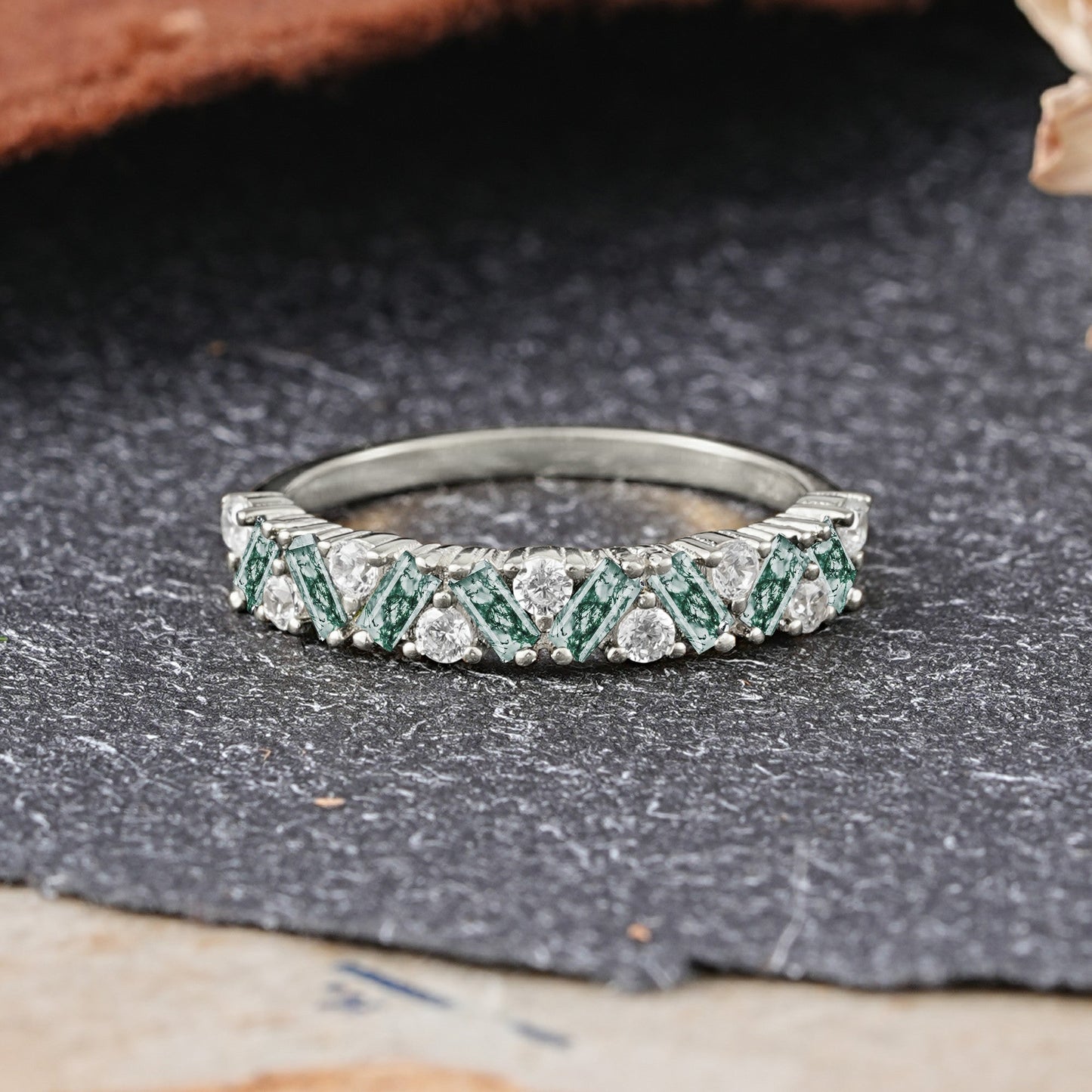 Vintage Art Deco Baguette Moissanite Alternating Stacking Wedding Ring