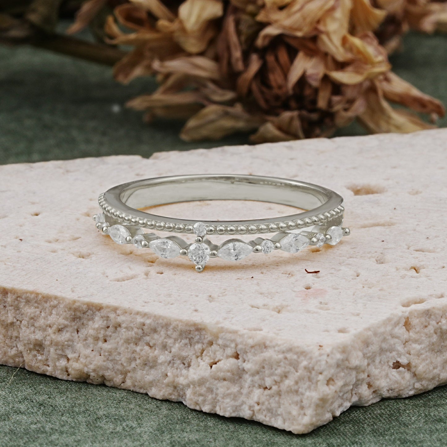 Vintage Milgrain Beaded Mixed Cut Moissanite Stacking Wedding Ring