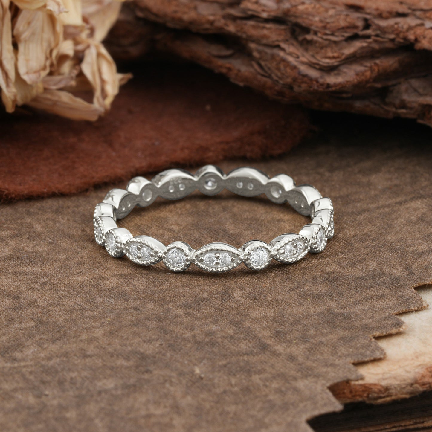 Vintage Milgrain Beaded Round Moissanite Full Eternity Wedding Ring