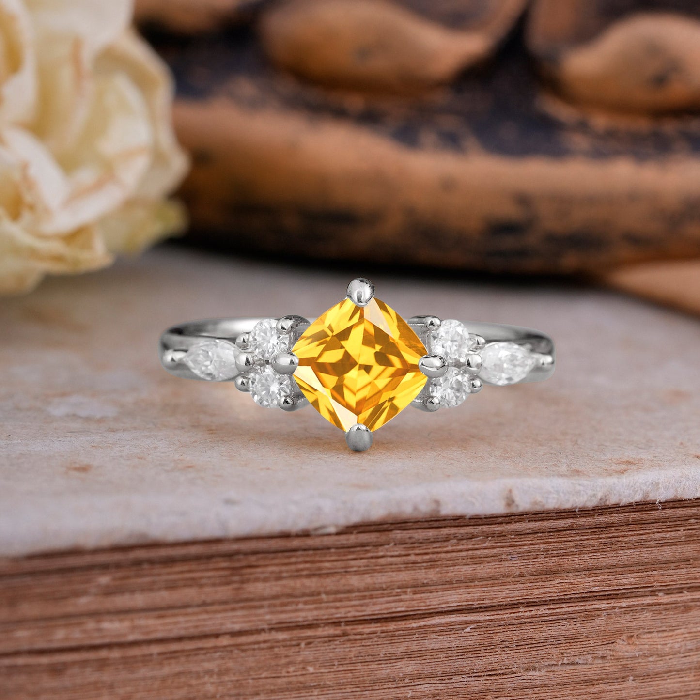 Classic Elegant 4-Prong Princess Cut Citrine Engagement Ring