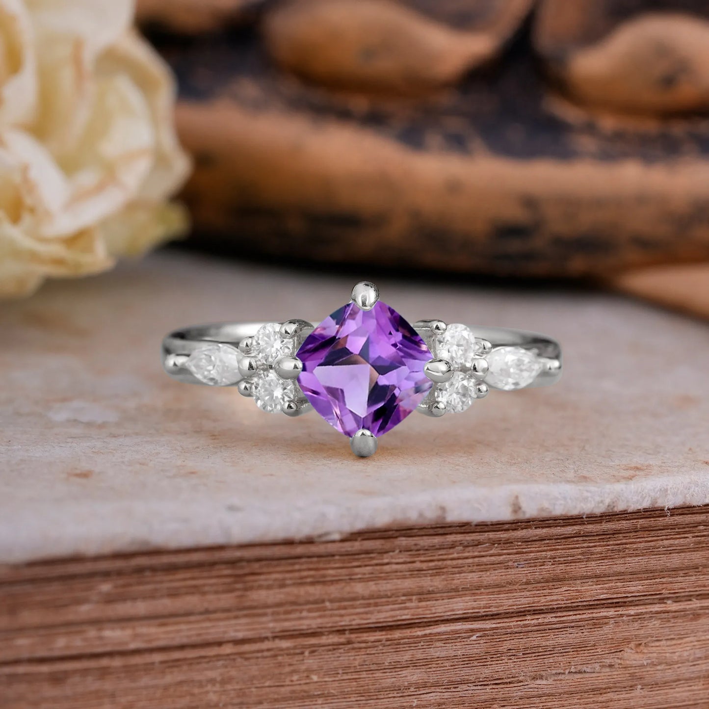 Classic Elegant 4-Prong Princess Cut Amethyst Engagement Ring