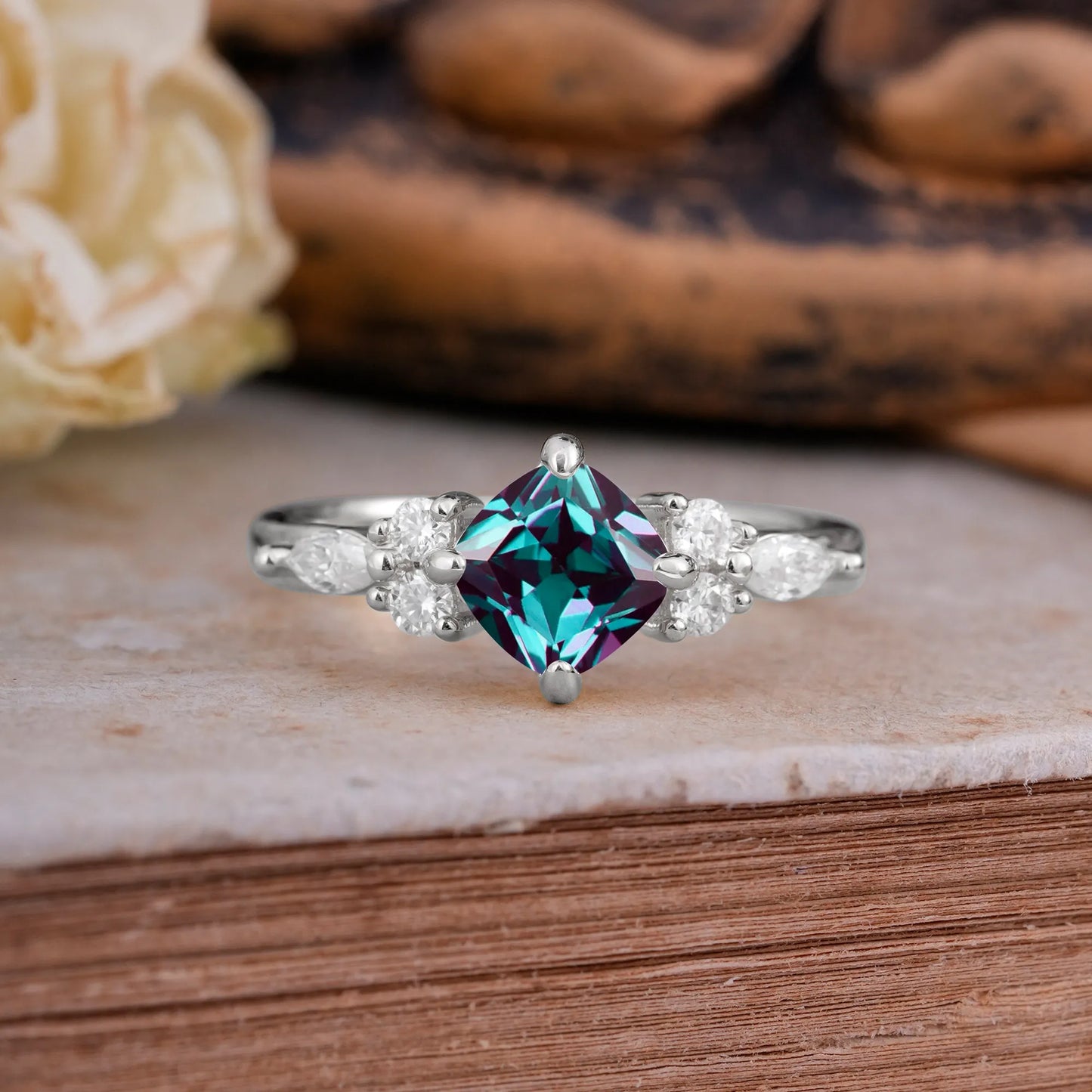 Classic Elegant 4-Prong Princess Cut Alexandrite Engagement Ring