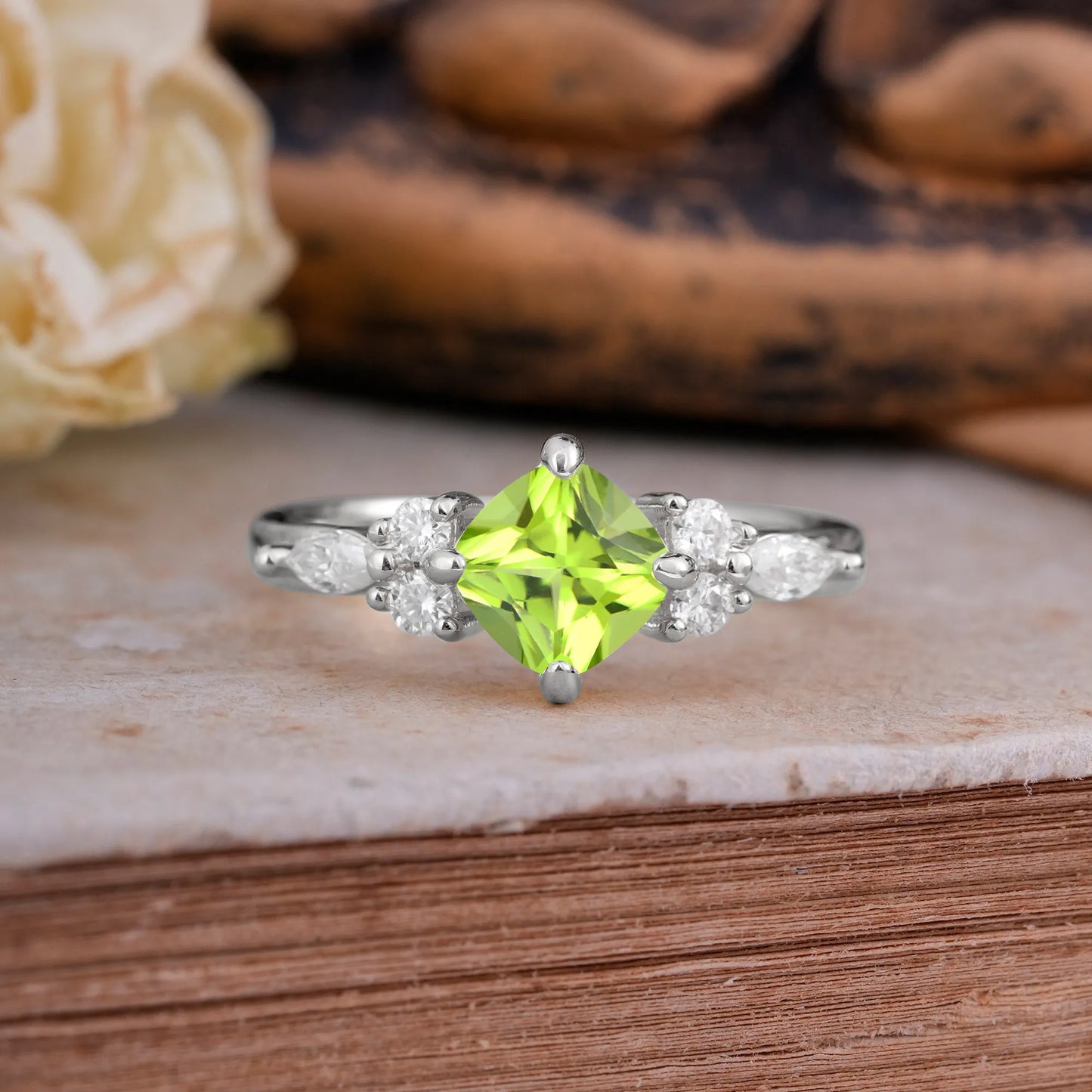 Classic Elegant 4-Prong Princess Cut Peridot Engagement Ring