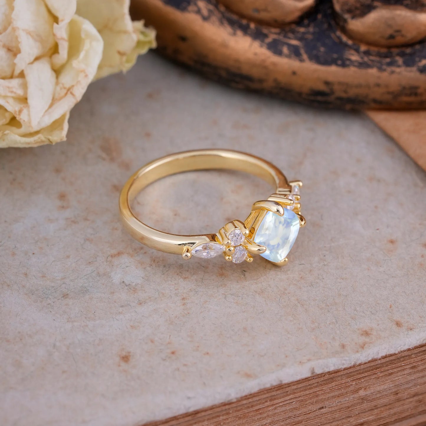 Classic Elegant 4-Prong Princess Cut Moonstone Engagement Ring