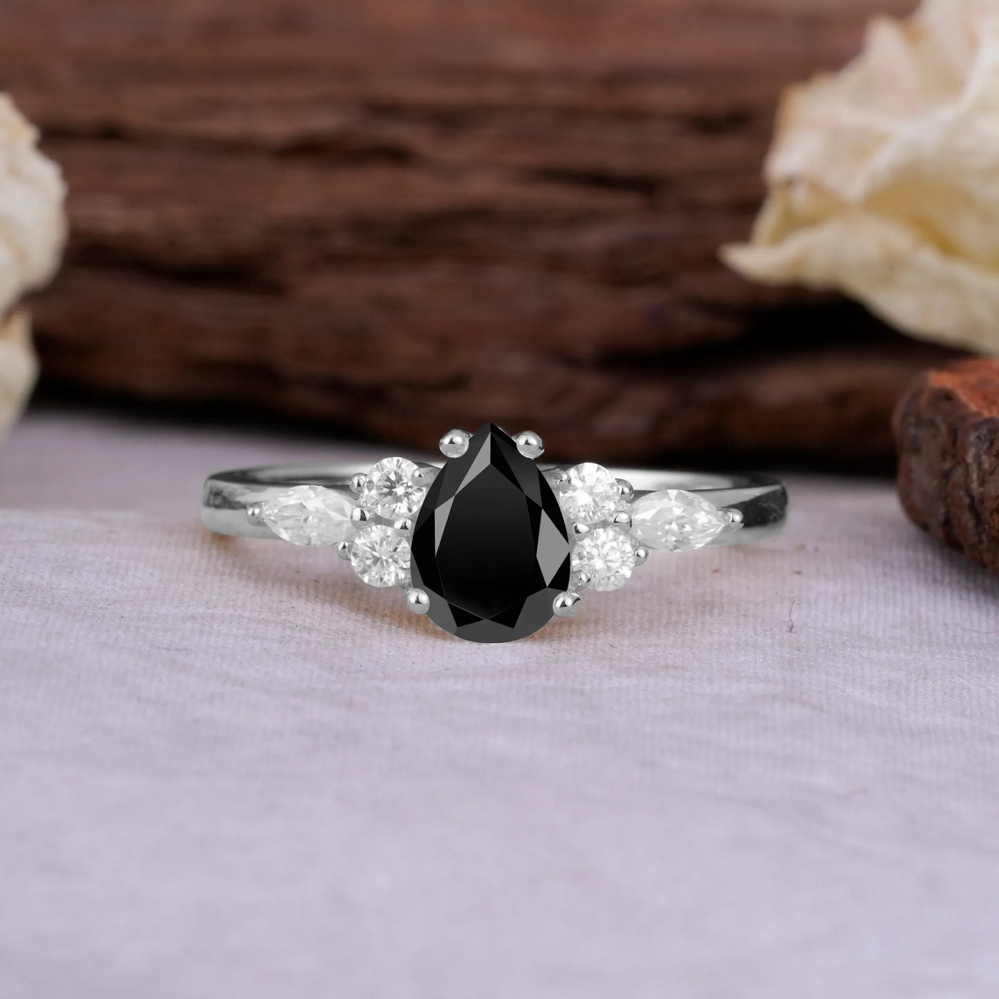 Sophisticated 4-Prong Pear-Cut Black Onyx Promise Ring