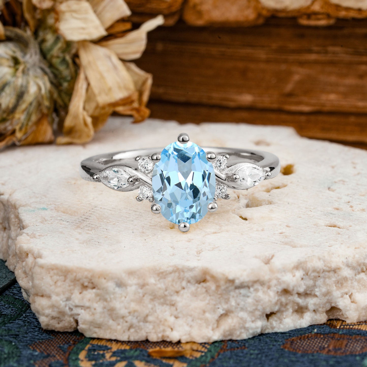 Nature Inspired 6 Prong Leaf Oval Cut Aquamarine Engagement Ring