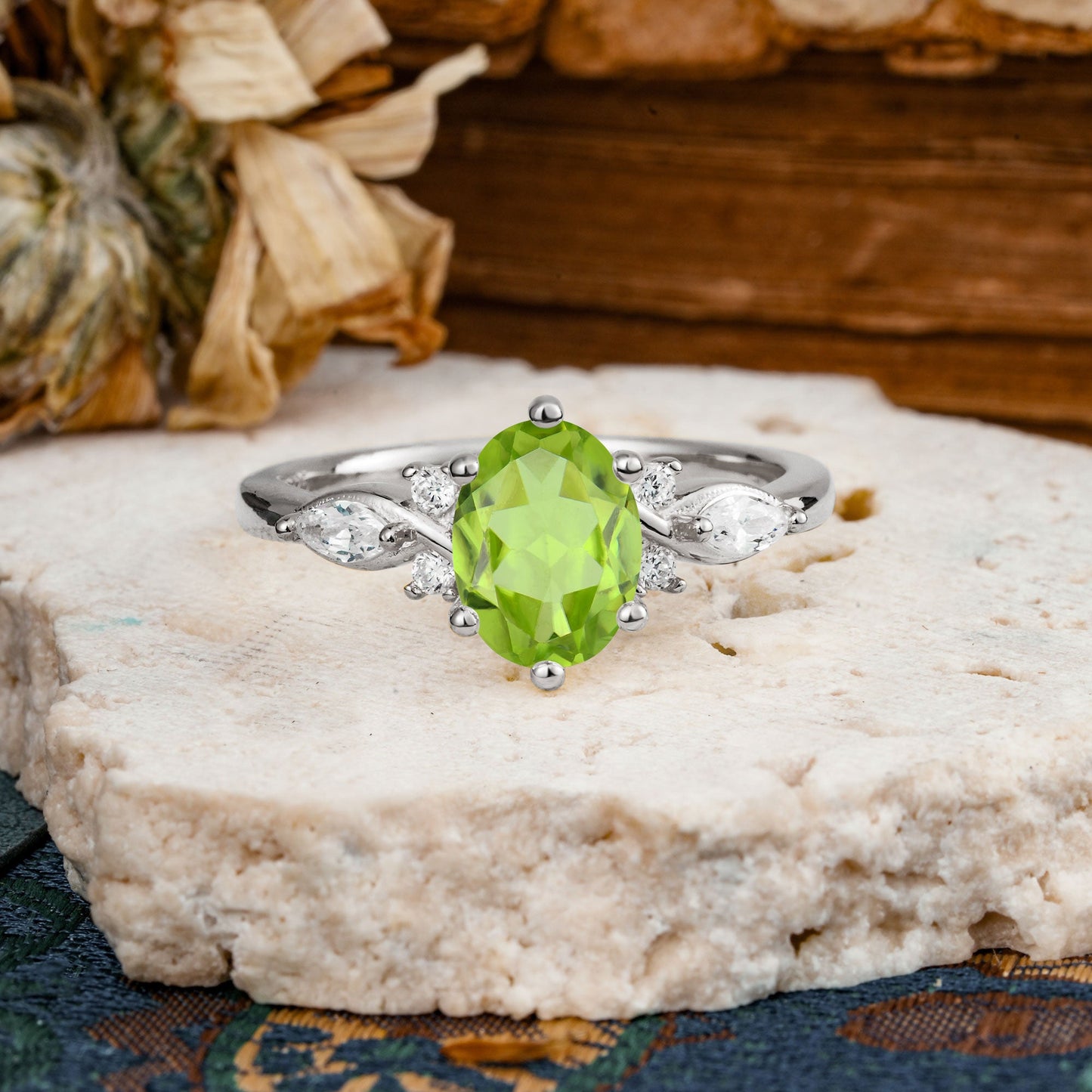 Nature Inspired 6 Prong Leaf Oval Cut Peridot Engagement Ring