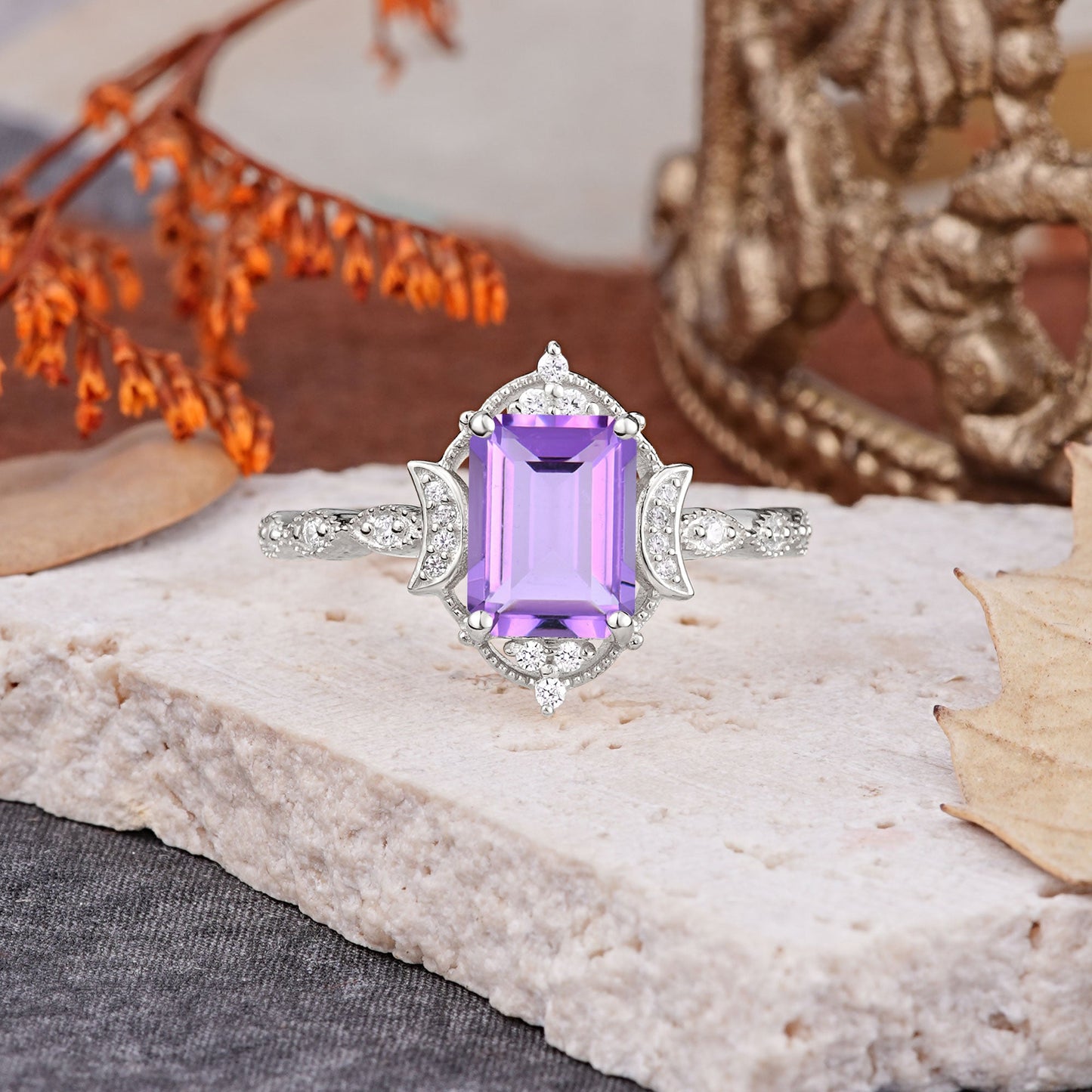 Classic Sparkling Radiant Cut Amethyst Engagement Ring with Vintage Halo