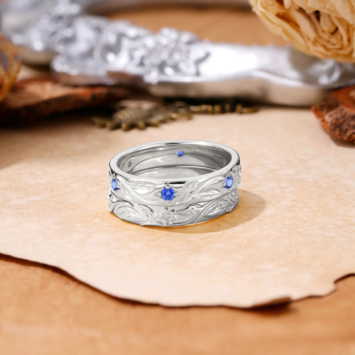 Nature-Inspired Round Cut Sapphire Gold Ring Set for Couples