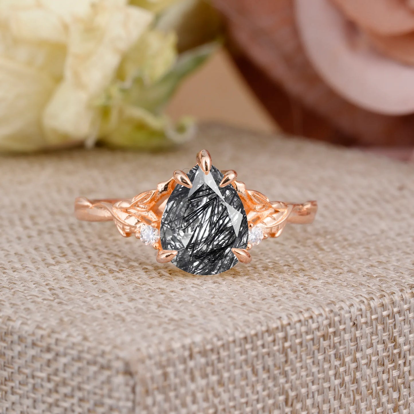 Elegant Luxurious 5 prong Pear-Cut Natural Black Rutilated Quartz Wedding Band