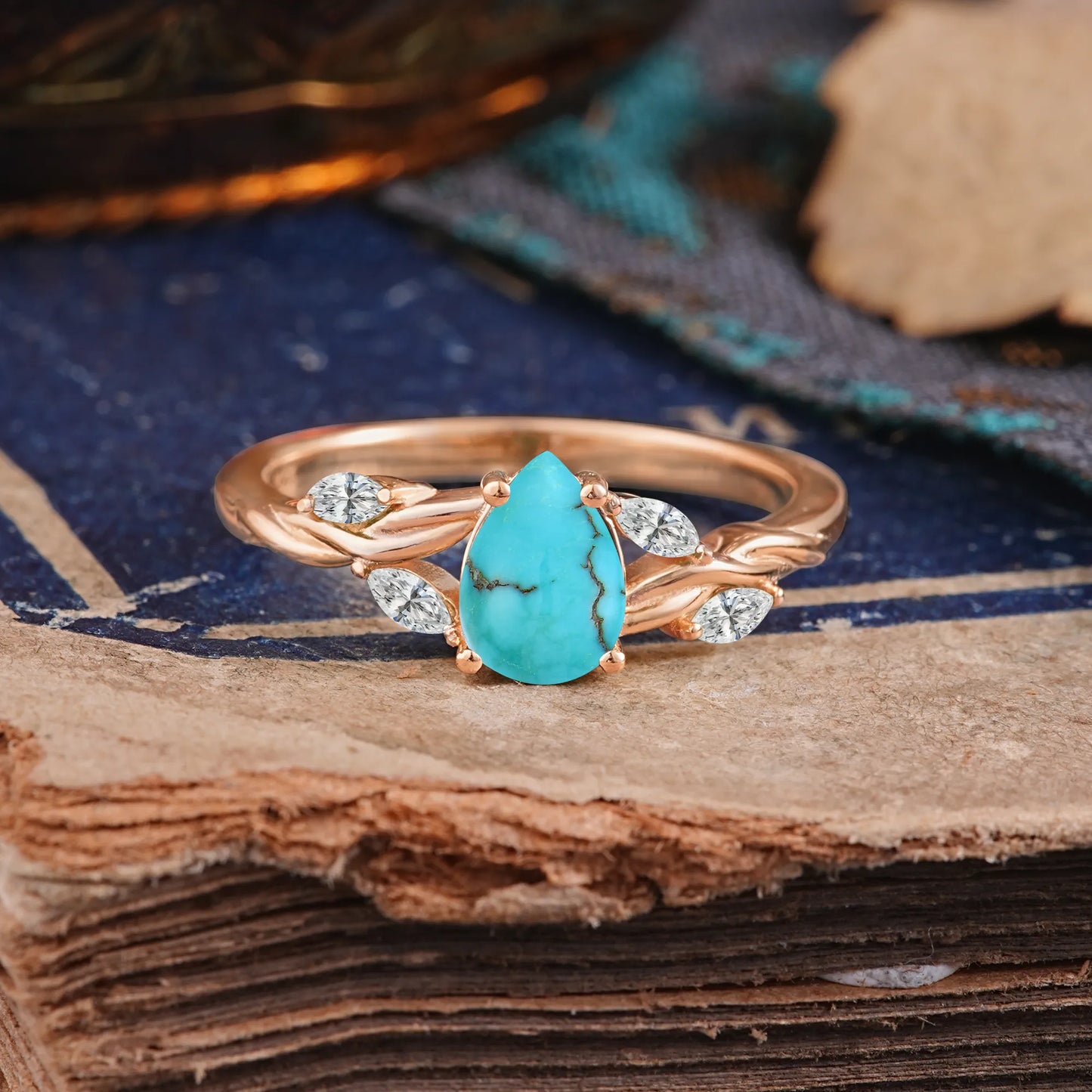 Exquisite 4-Prong Pear Cut Turquoise Engagement Ring