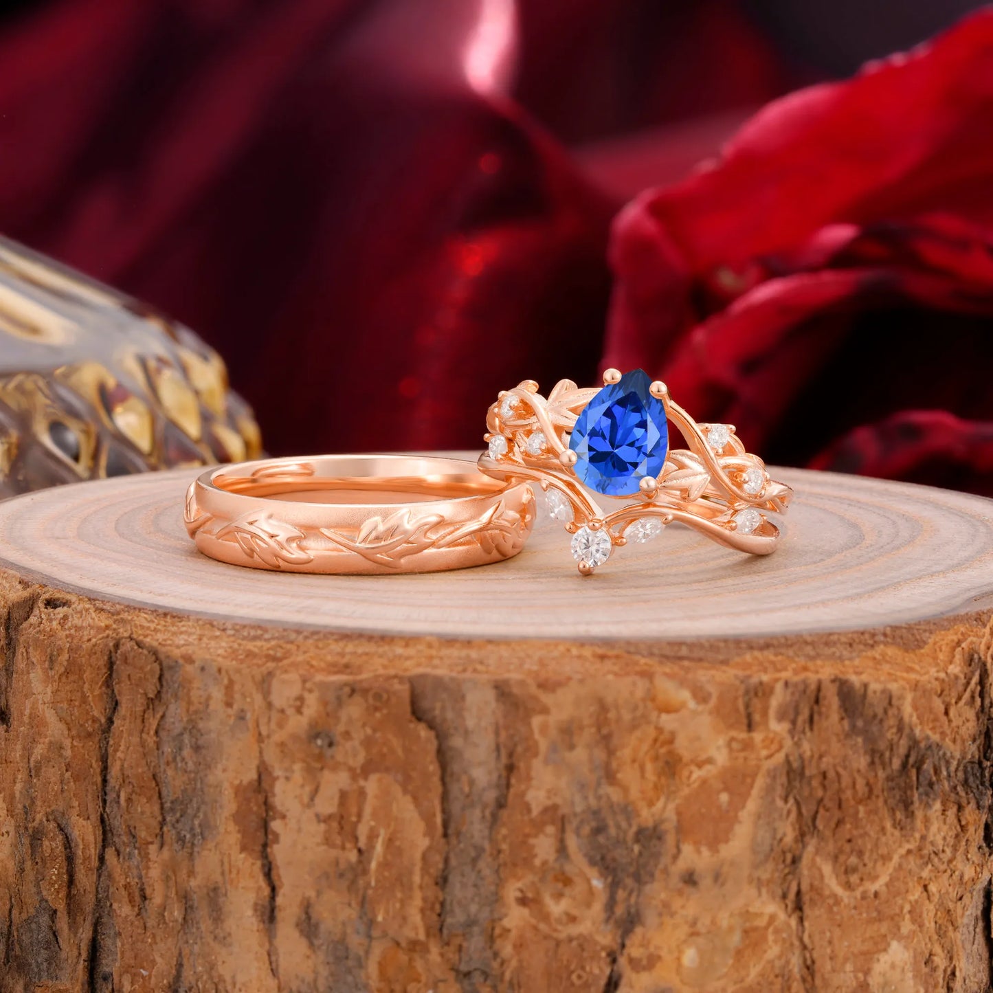 Vintage Leaf Pear Cut Sapphire Couple Wedding Ring