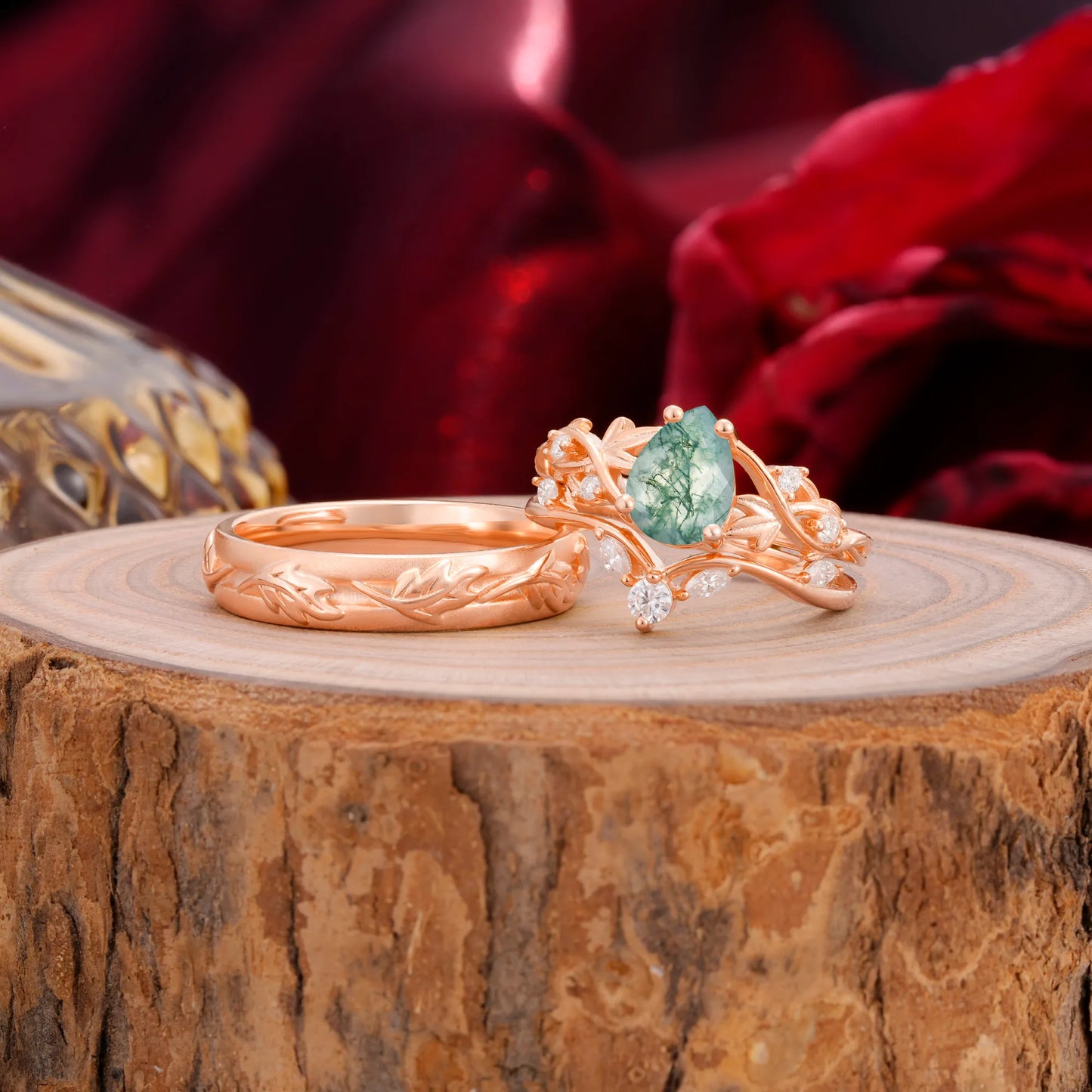 Vintage Leaf Pear Cut Moss Agate Couple Wedding Ring