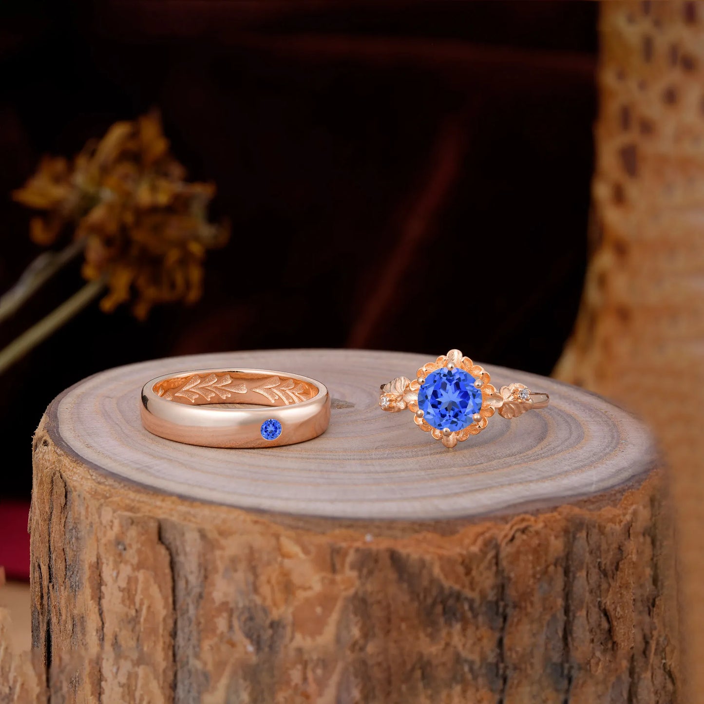 Elegant Floral Leaf Sapphire Center Wedding Couple Rings