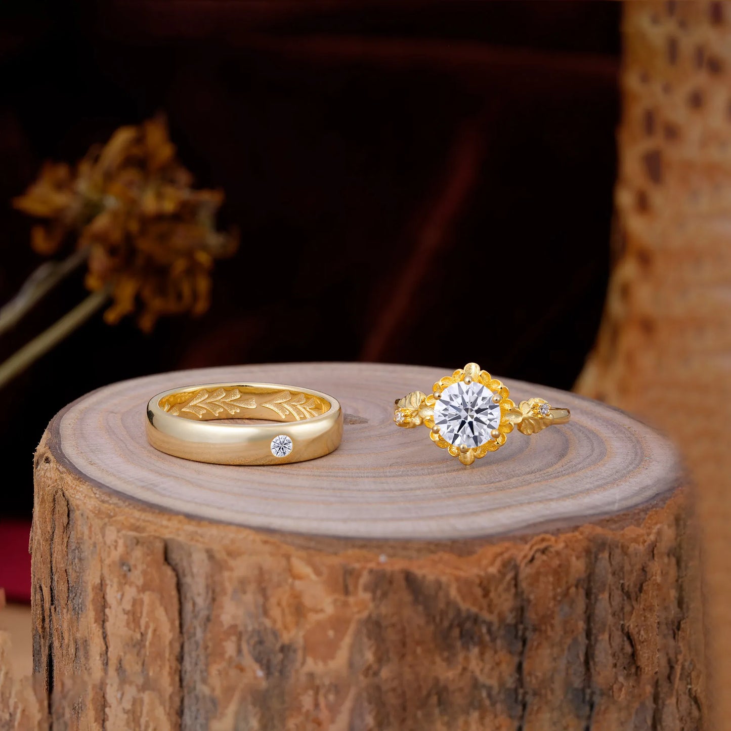 Elegant Floral Leaf Moissanite Center Wedding Couple Rings