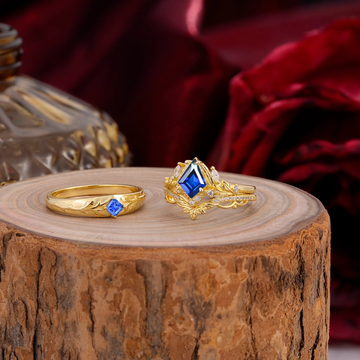 Vintage Leaf Kite Cut Sapphire Wedding Couple Ring
