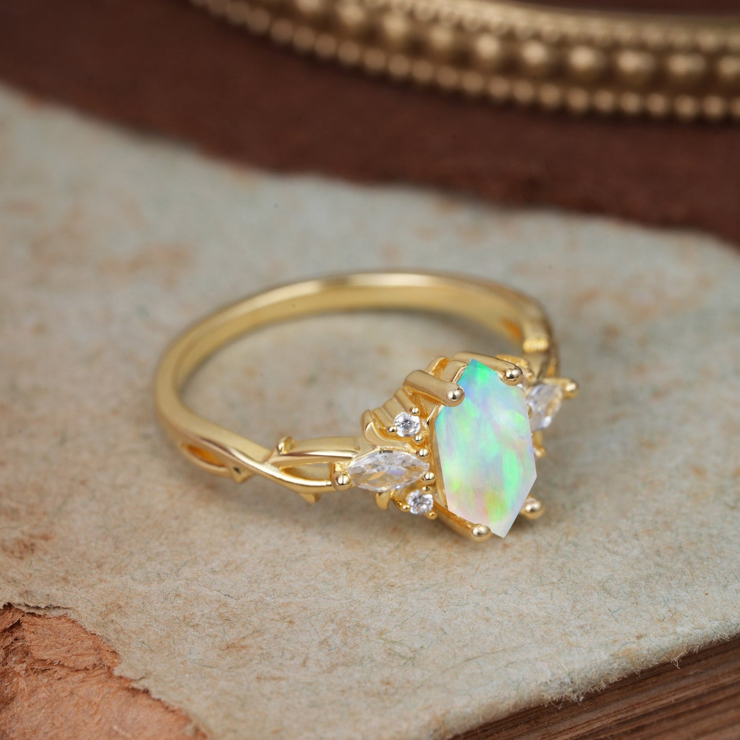 Nature-Inspired Classic 4-Prong Hexagonal-Cut Opal Engagement Ring