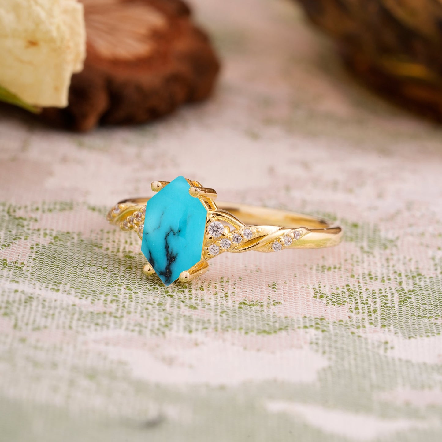Classic 4-Prong Hexagonal-Cut Turquoise Engagement Ring