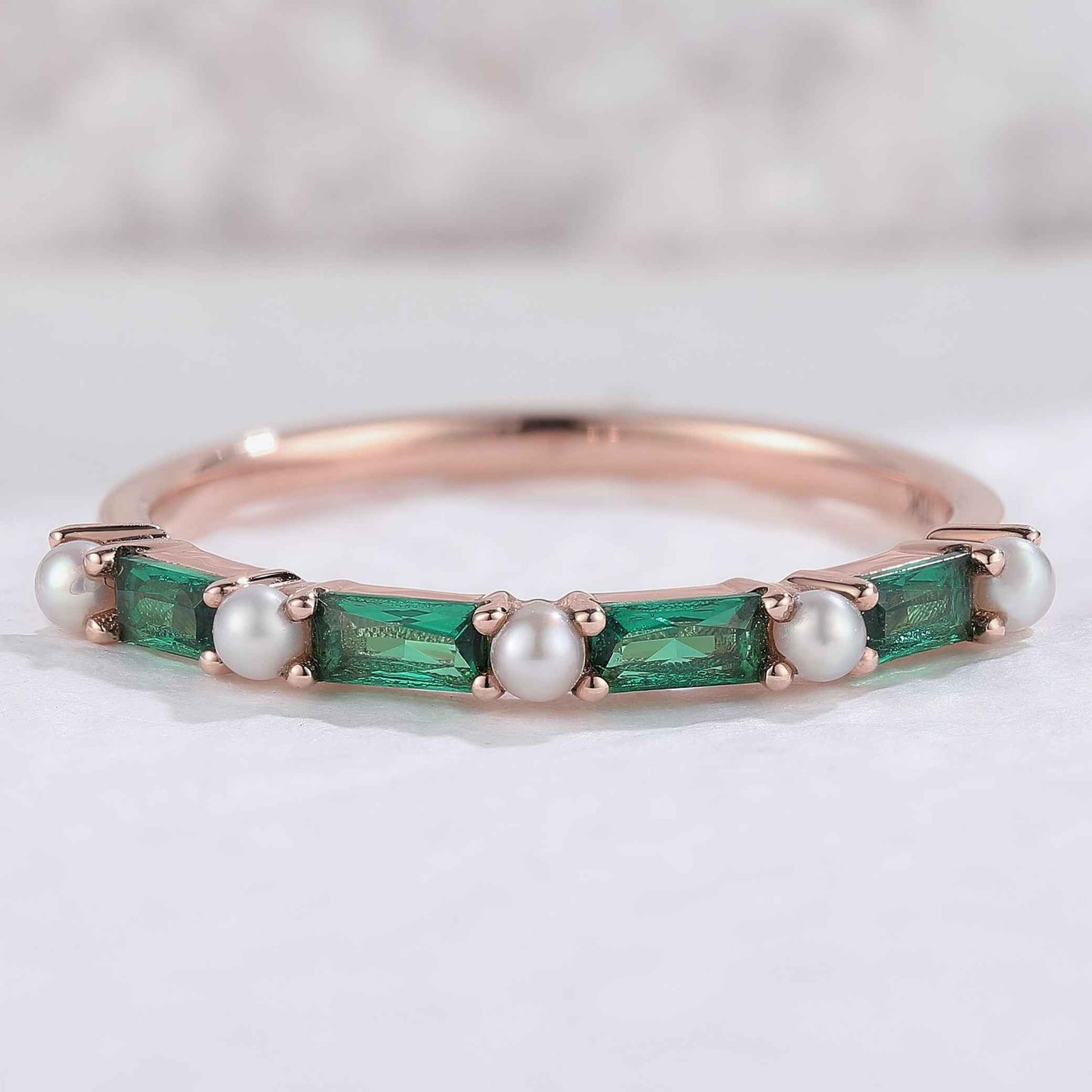 Straight Emerald Cut Emerald Pearl Half Enternity Stacking Ring