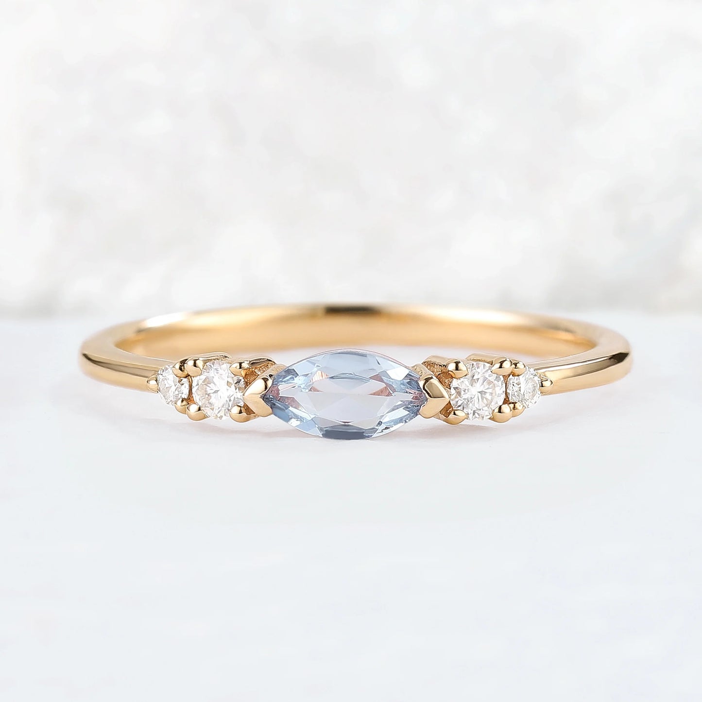 Straight Marquise Cut Aquamarine Three Stones Stacking Ring