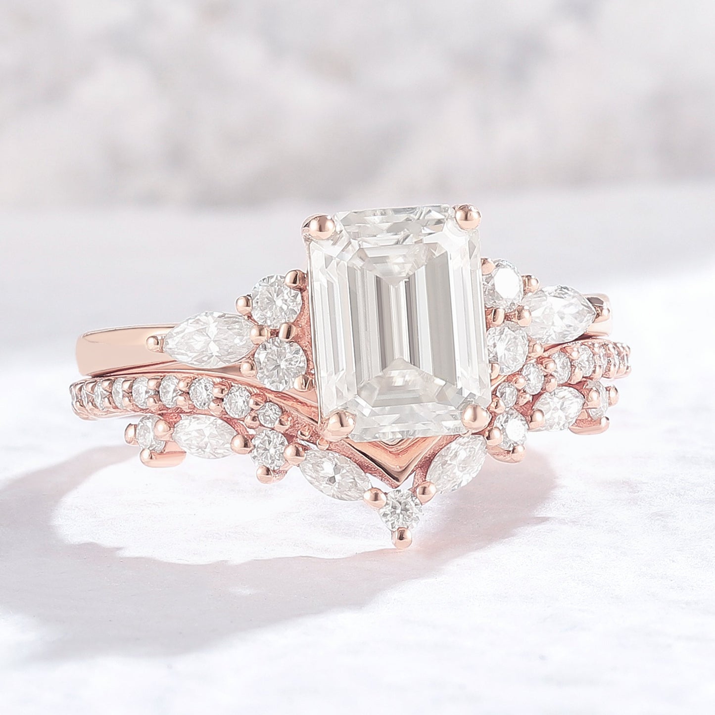 Unique Emerald Cut Moissanite Cluster Gemstone Ring Set 2Pcs