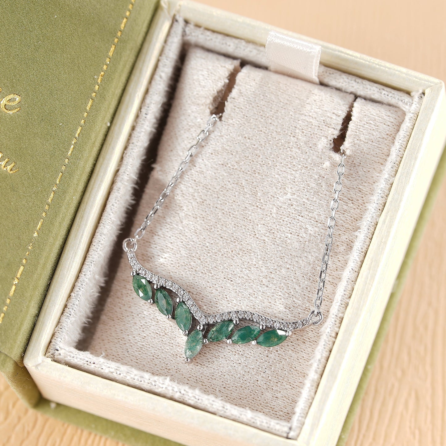 Unique Marquise Cut Moss Agate Angel Wings Pendant