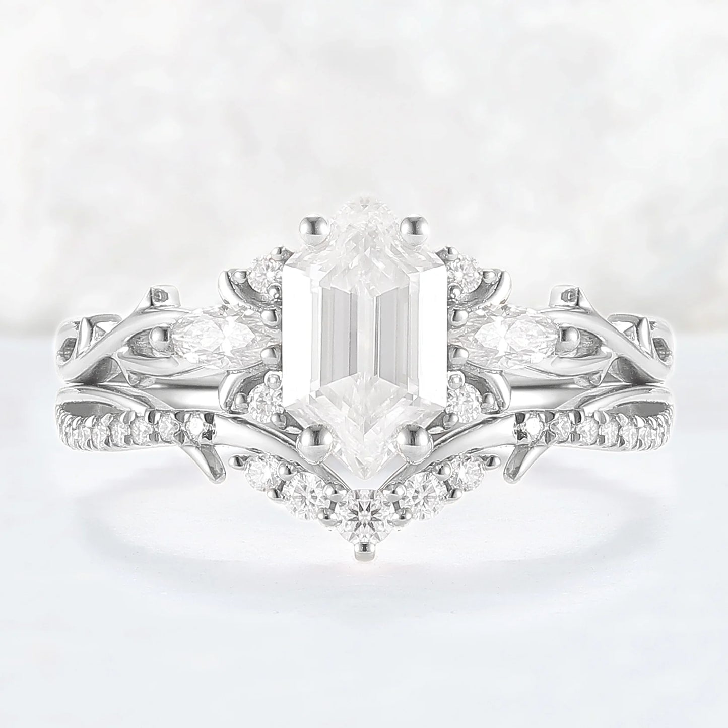 Unique Hexagon Cut Moissanite Vine Gemstone Ring Set 2pcs