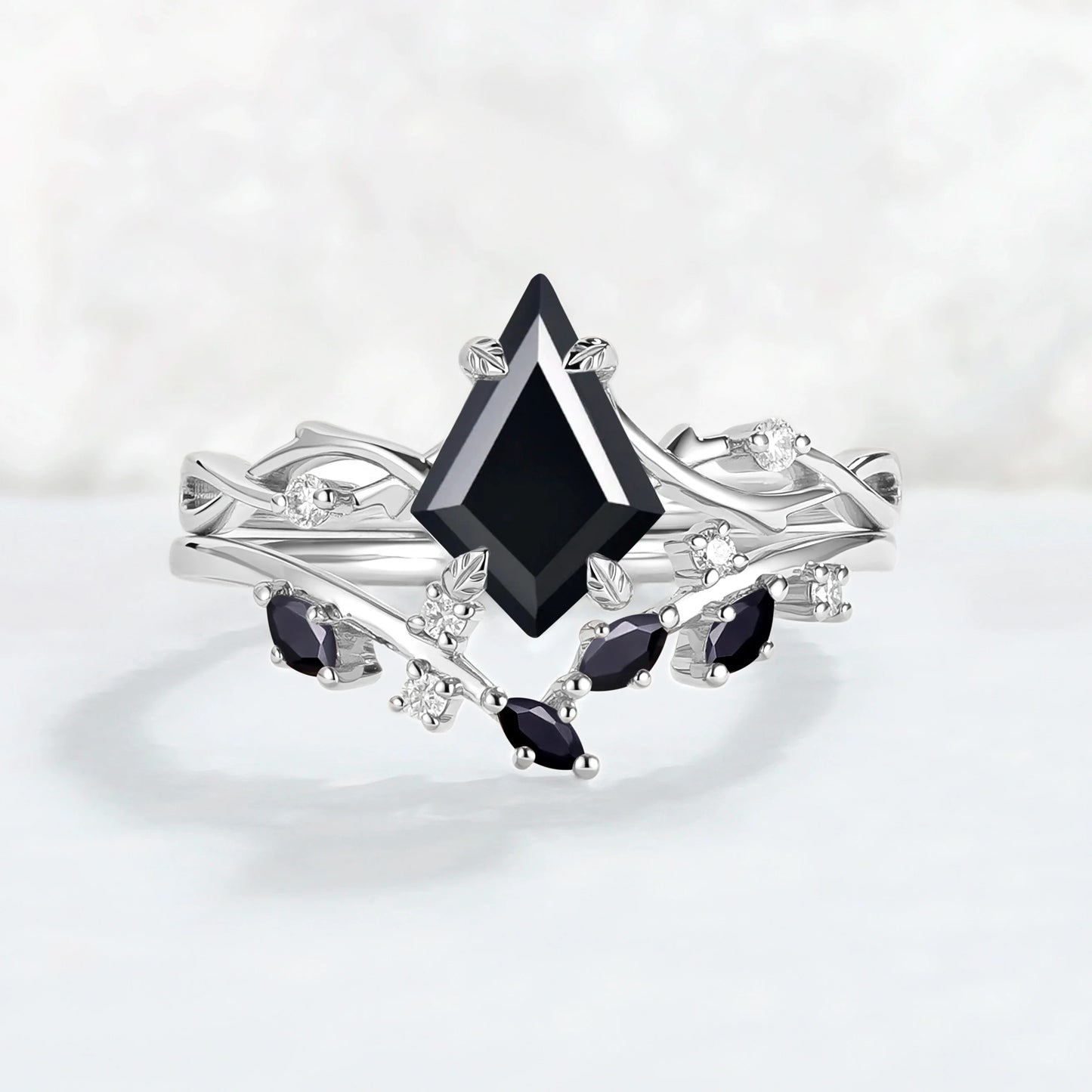 Unique Kite Cut Black Onyx Leaf and Vine Gemstone Ring Set 2pcs
