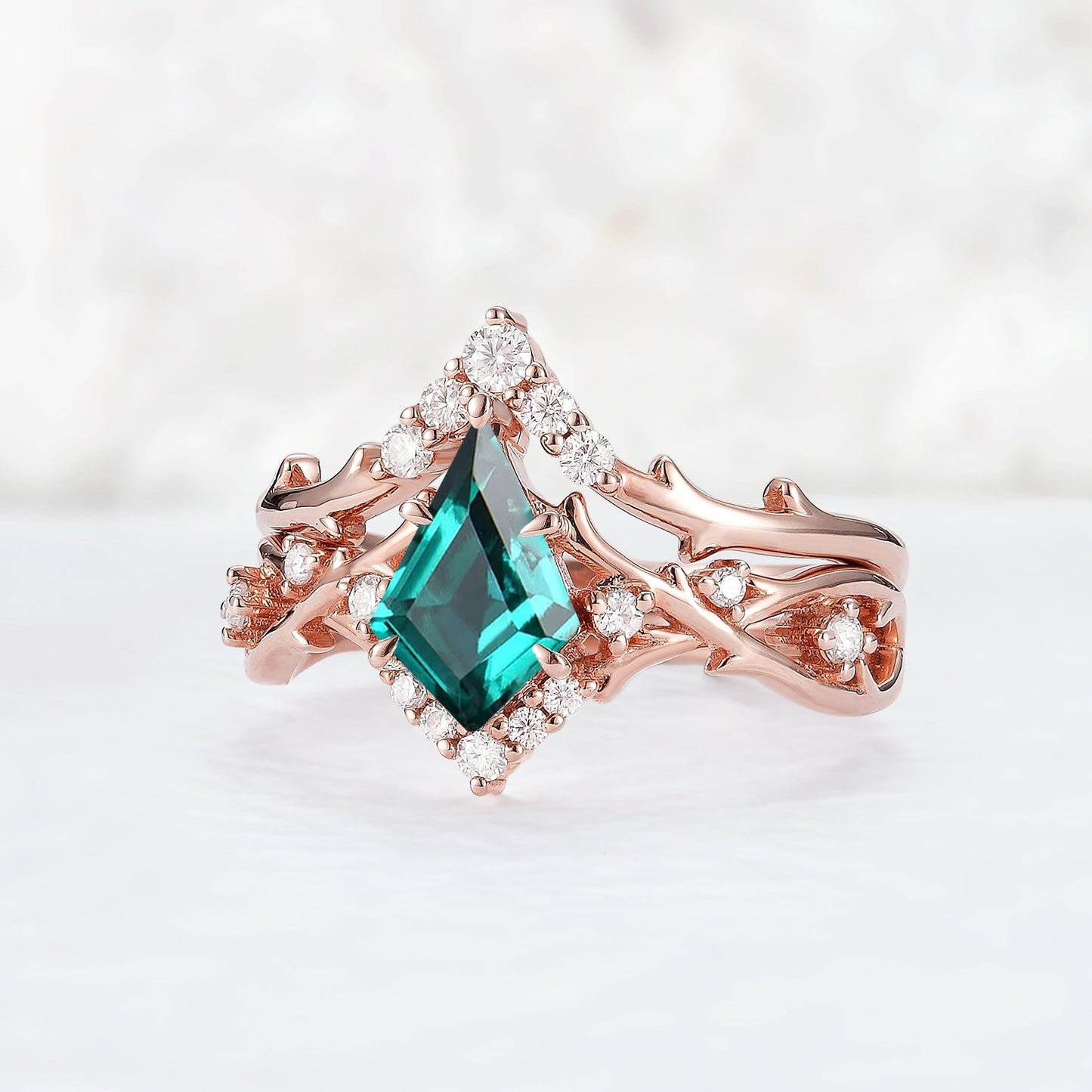 Unique Kite Cut Emerald Twig Gemstone Ring Set 2pcs