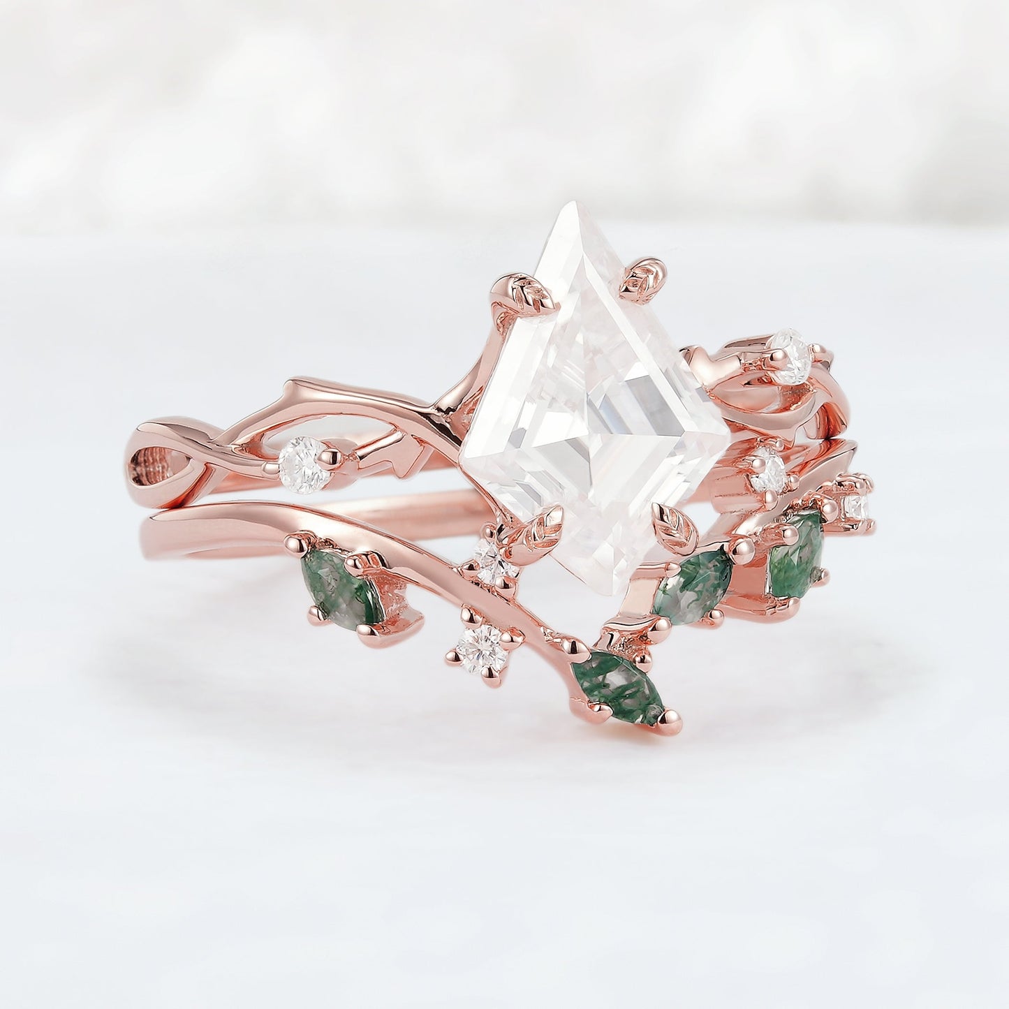 Unique Kite Cut Moissanite Leaf and Vine Gemstone Ring Set 2pcs
