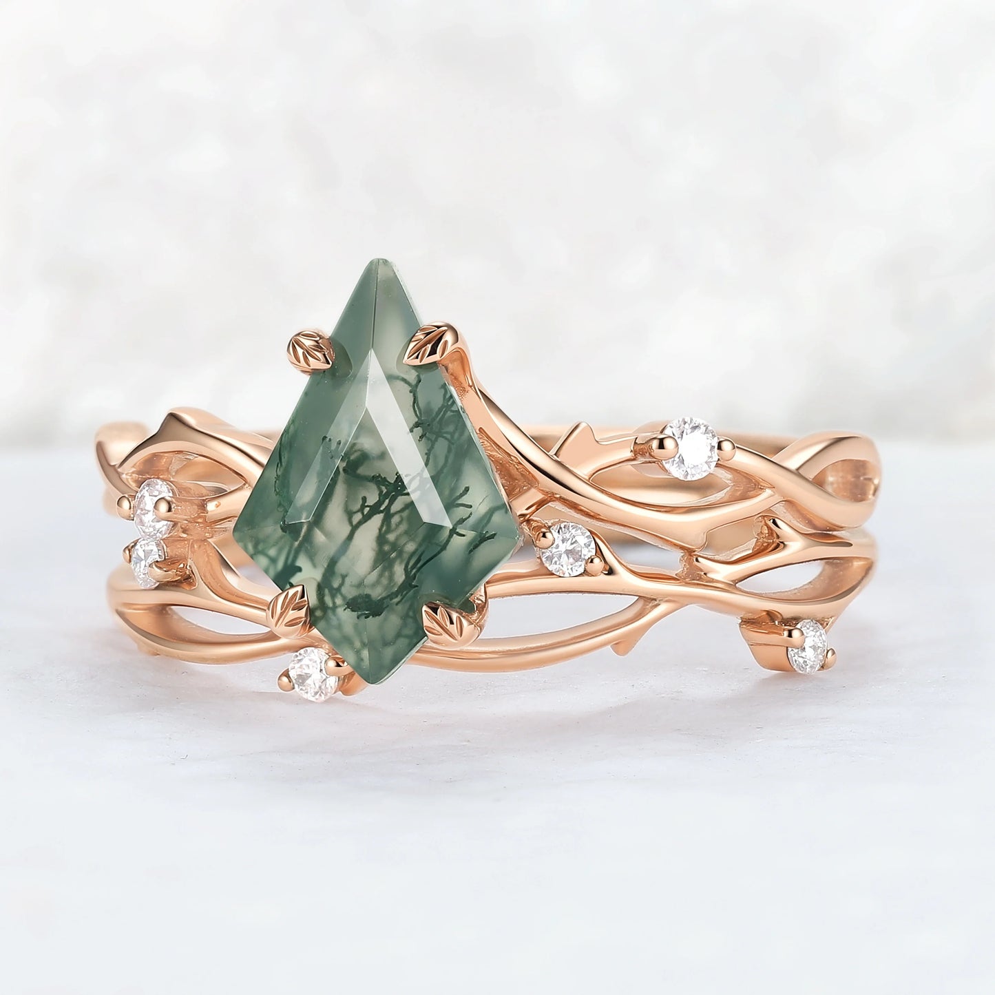 Unique Kite Cut Moss Agate Leaf and Vine Gemstone Ring Set 2pcs