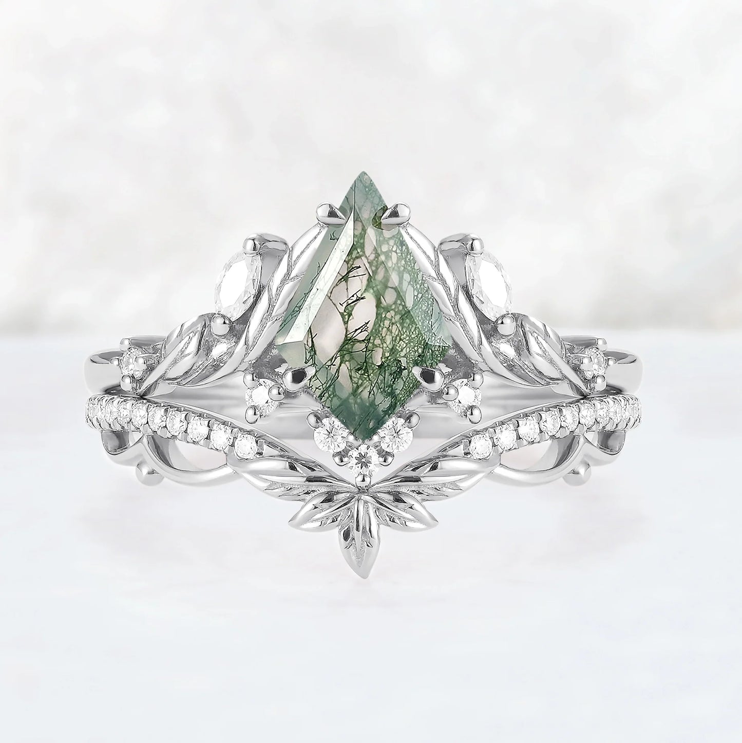 Unique Kite Cut Moss Agate Moissanite Leaf Gemstone Ring Set 2pcs