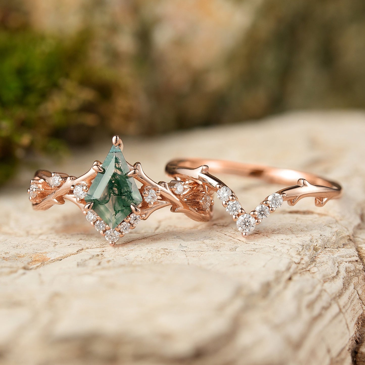 Unique Kite Cut Moss Agate Twig Gemstone Ring Set 2pcs