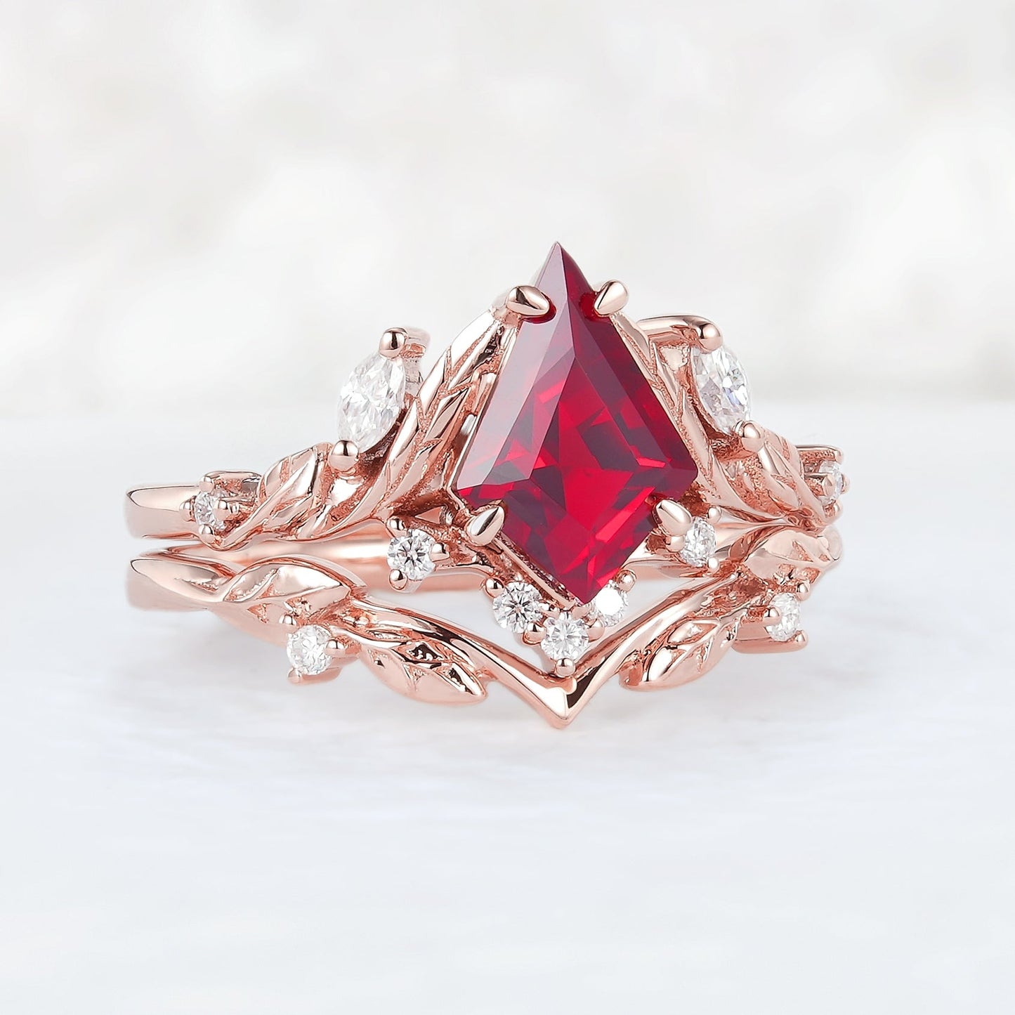 Unique Kite Cut Ruby Moissanite Vine and Leaf Gemstone Ring Set 2pcs