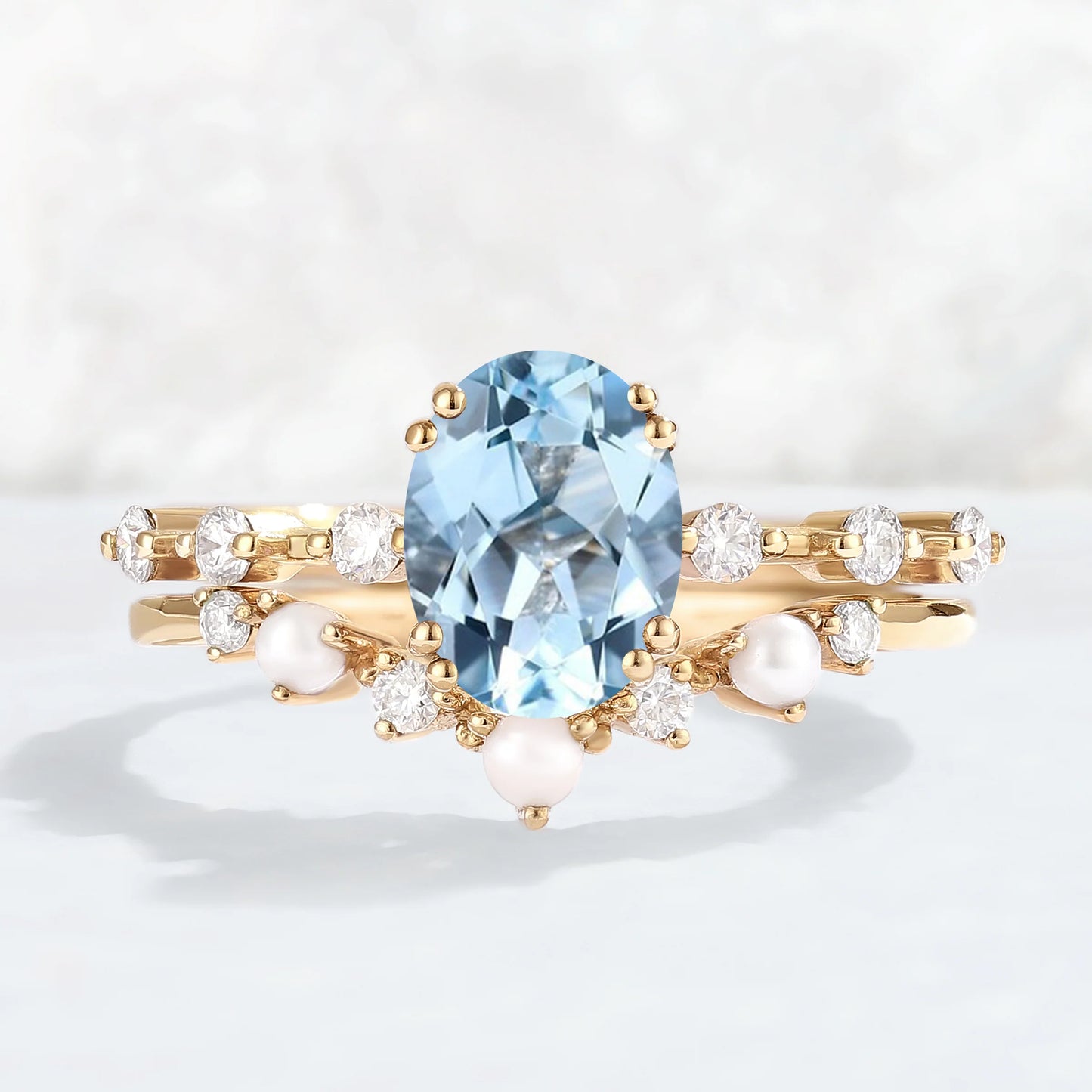 Unique Oval Cut Aquamarine Pearl Captivating Engagement Ring Set 2pcs
