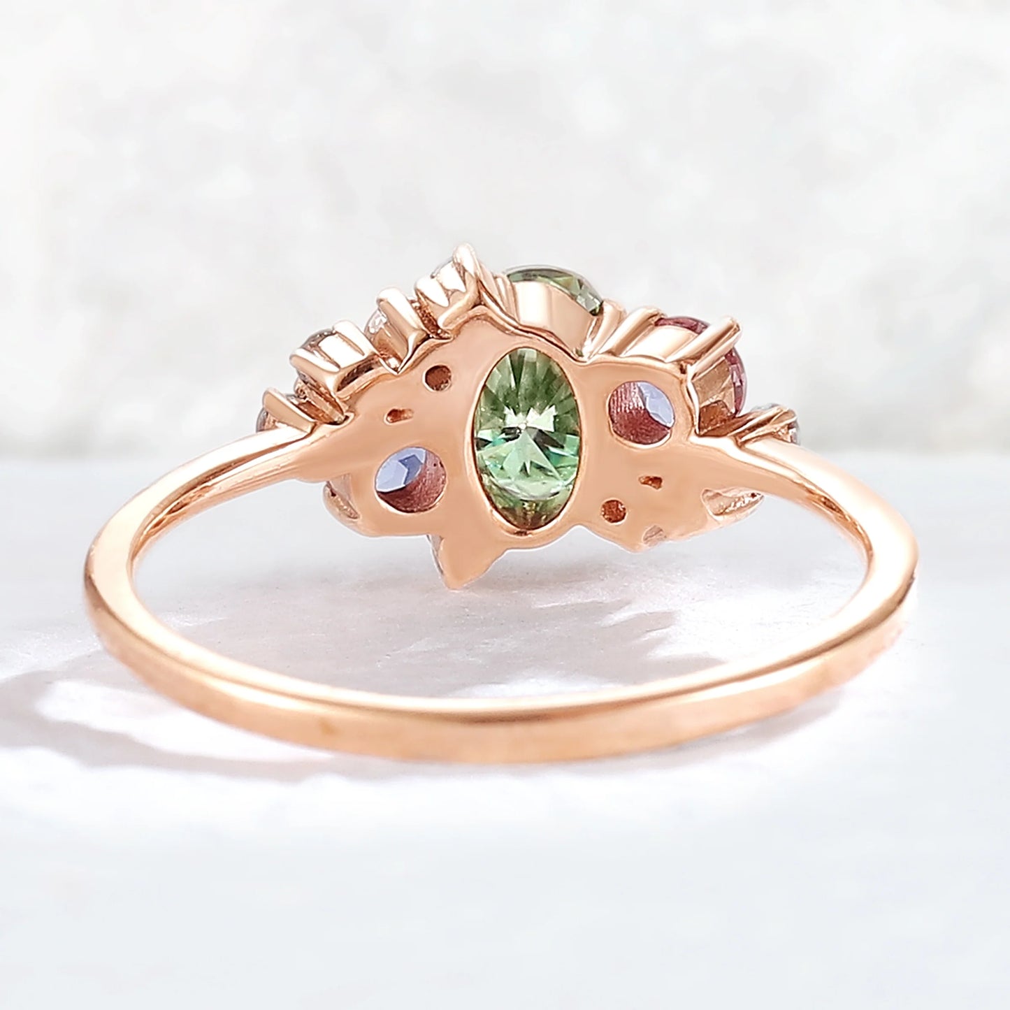 Unique Oval Cut Green Sapphire Cluster Gemstone Ring