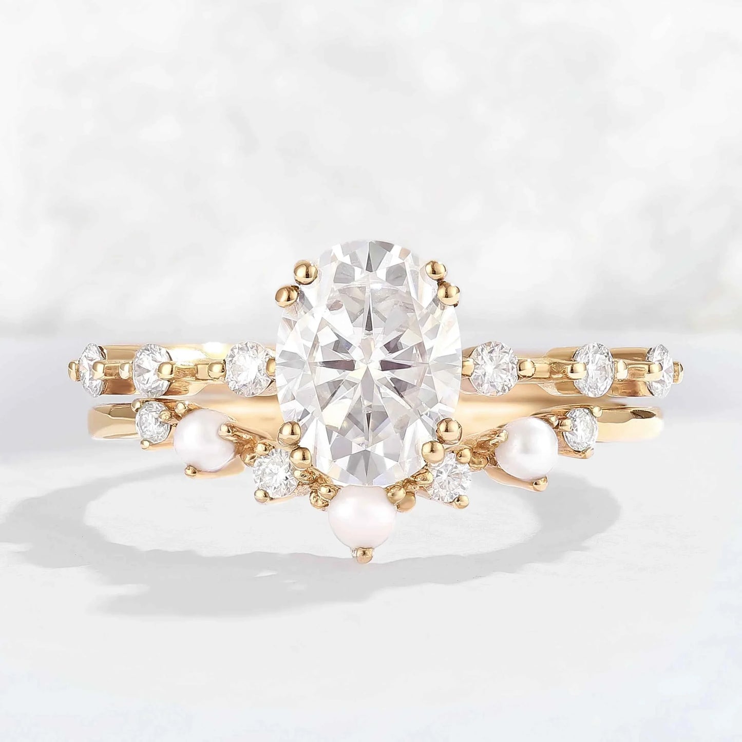Unique Oval Cut Moissanite Pearl Captivating Gemstone Ring Set 2pcs
