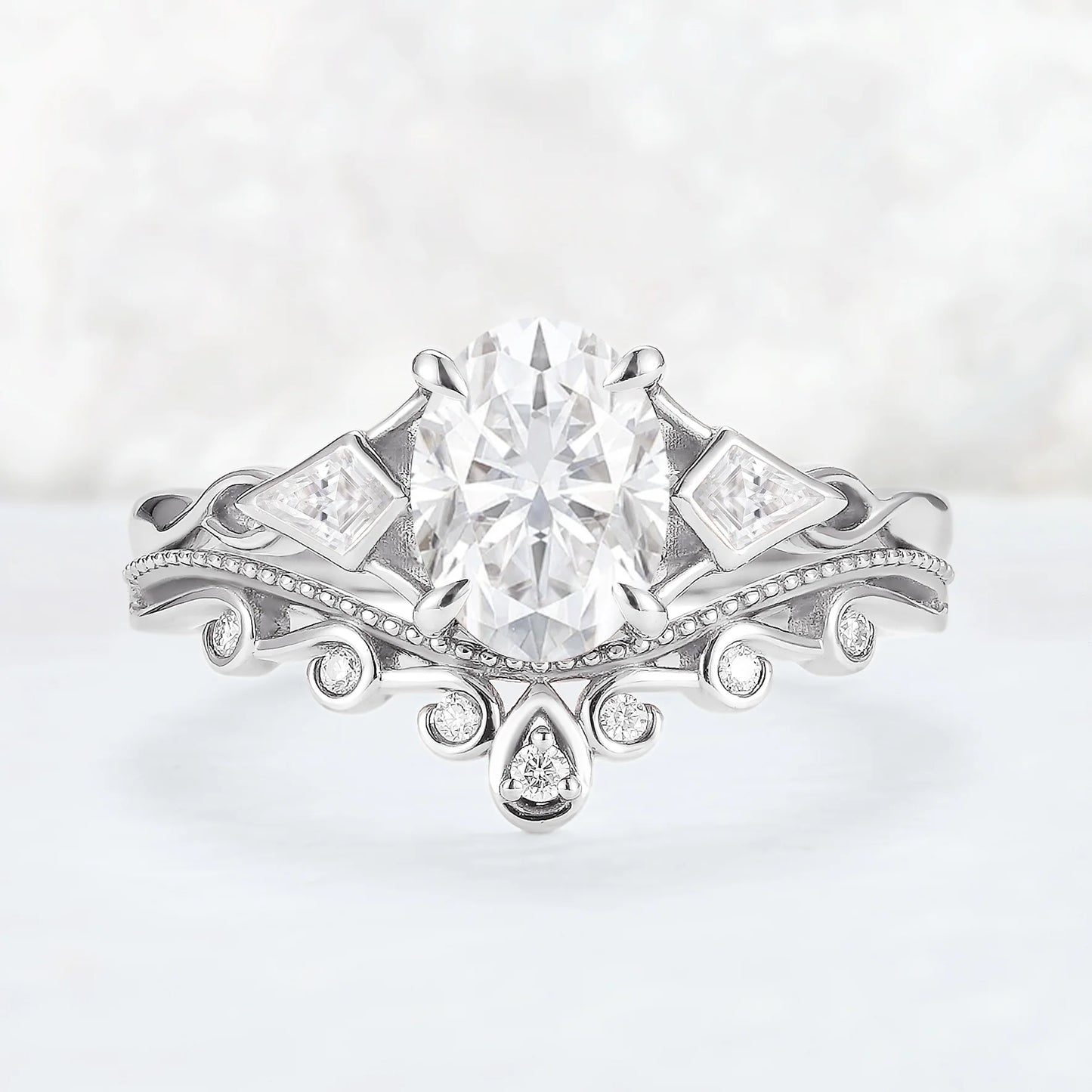 Unique Oval Shaped Moissanite Three Stone Gemstone Ring Set 2pcs