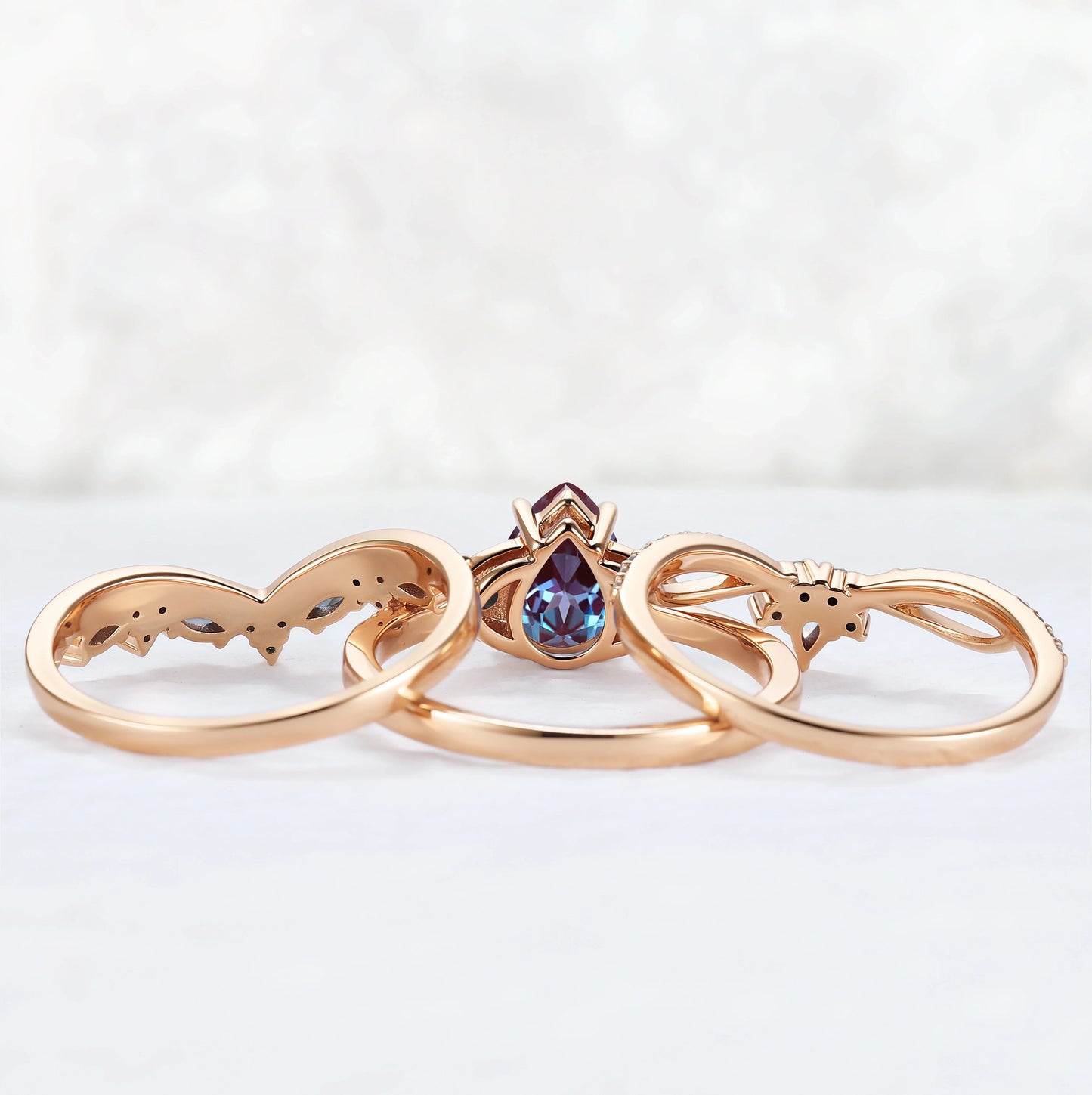 Unique Pear Cut Alexandrite Vine Gemstone Ring Set 3pcs