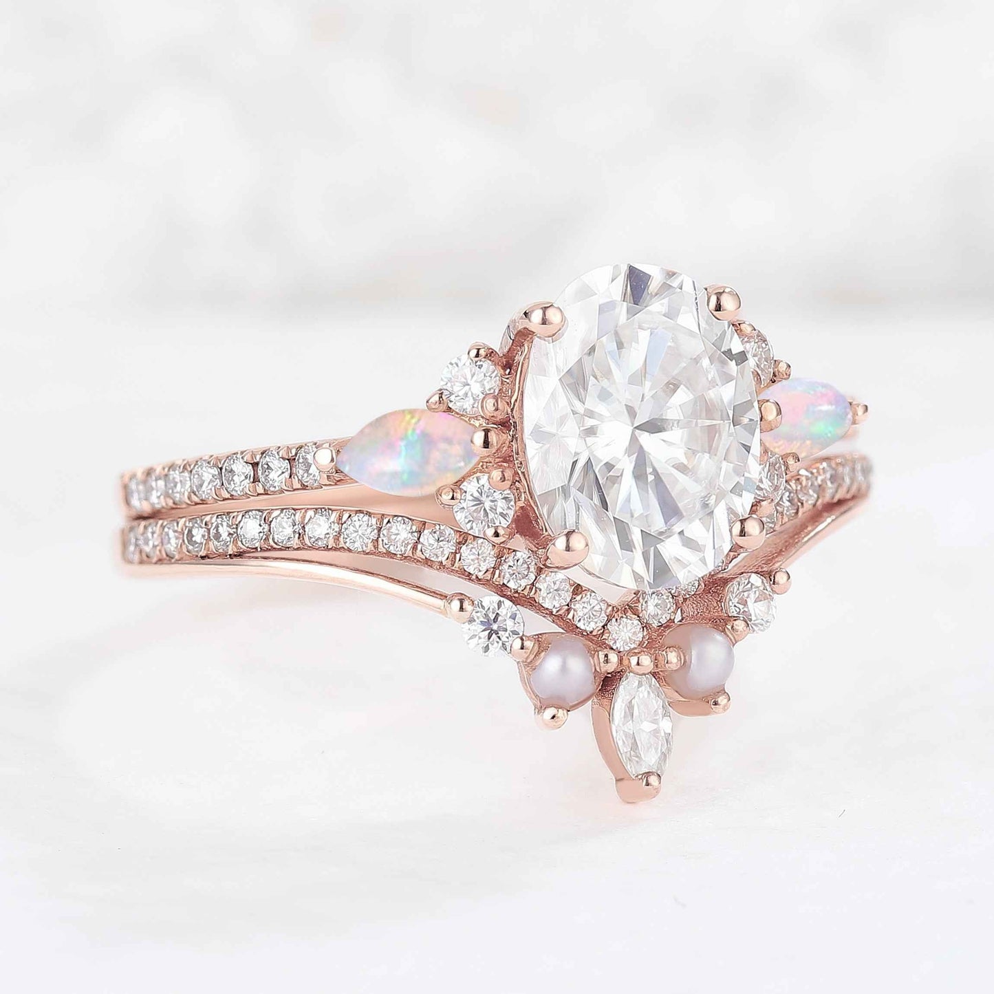 Unique Oval Cut Moissanite Seven Stones Gemstone Ring 2pcs