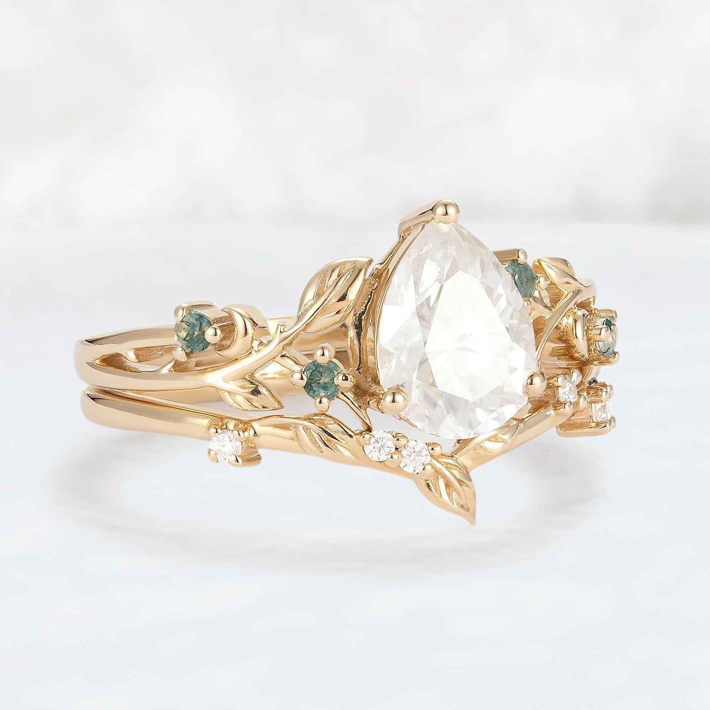 Unique Pear Cut Moissanite Leafy Gemstone Ring 2pcs