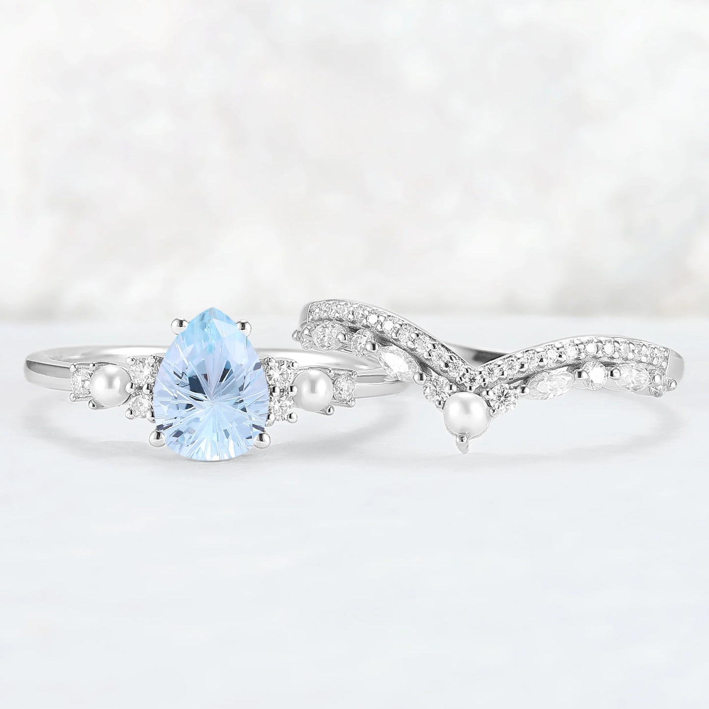 Unique Pear Shaped Fire Cut Aquamarine Cluster Gemstone Ring Set 2pc
