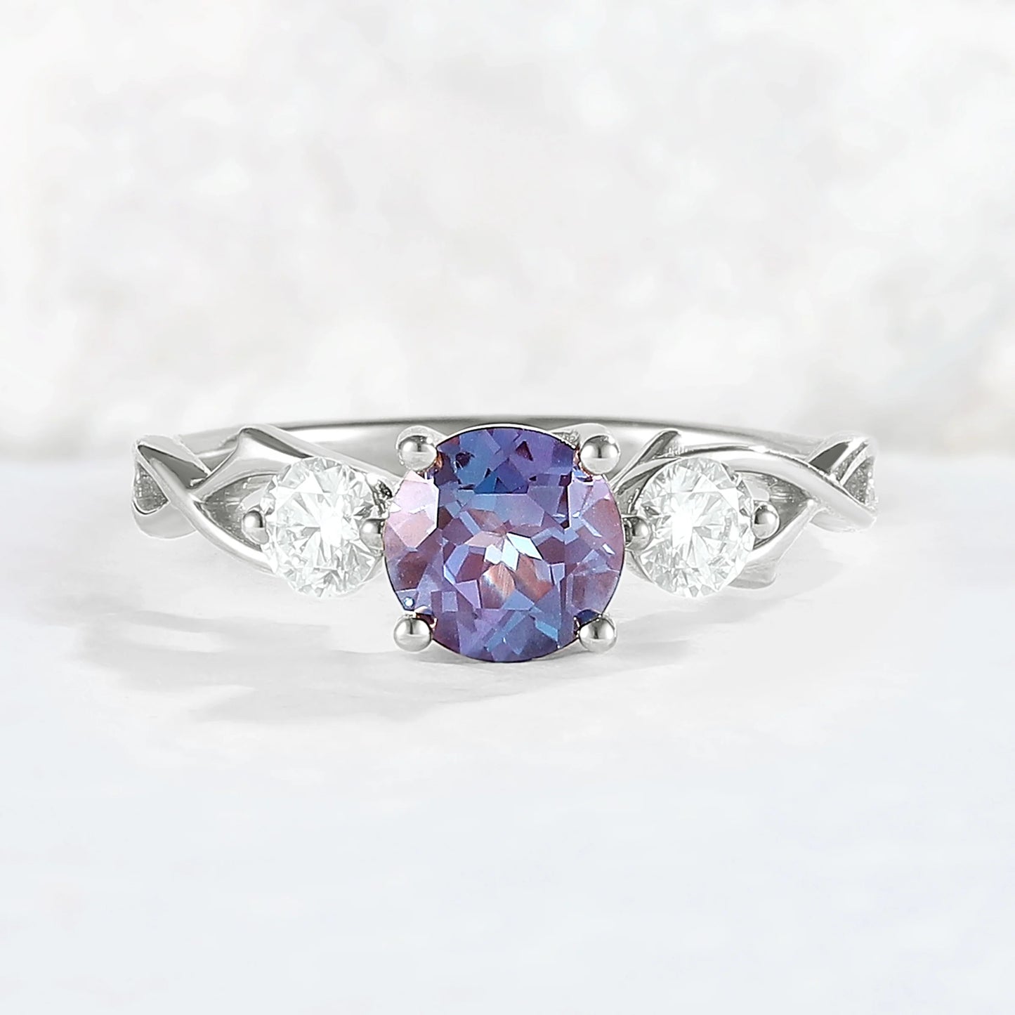 Unique Round Cut Alexandrite Moissanite Three Stone Ring