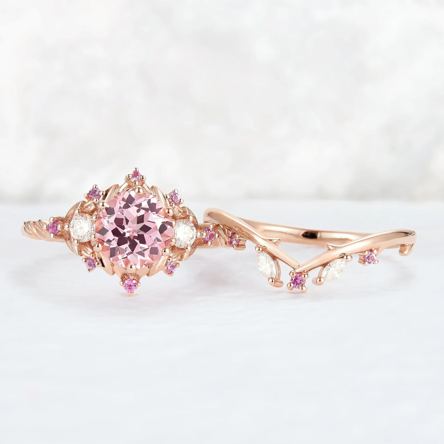 Unique Round Pink Sapphire and Moissanite Gemstone Ring Set 2pcs