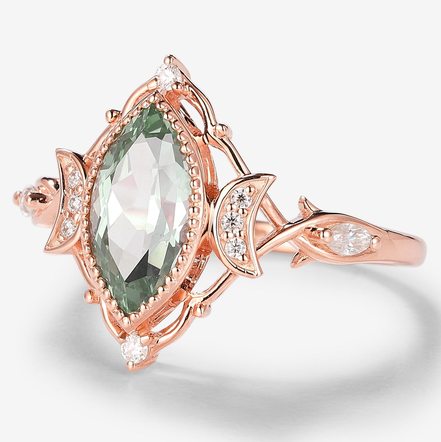 Marquise Green Sapphire Engagement Ring With Moon