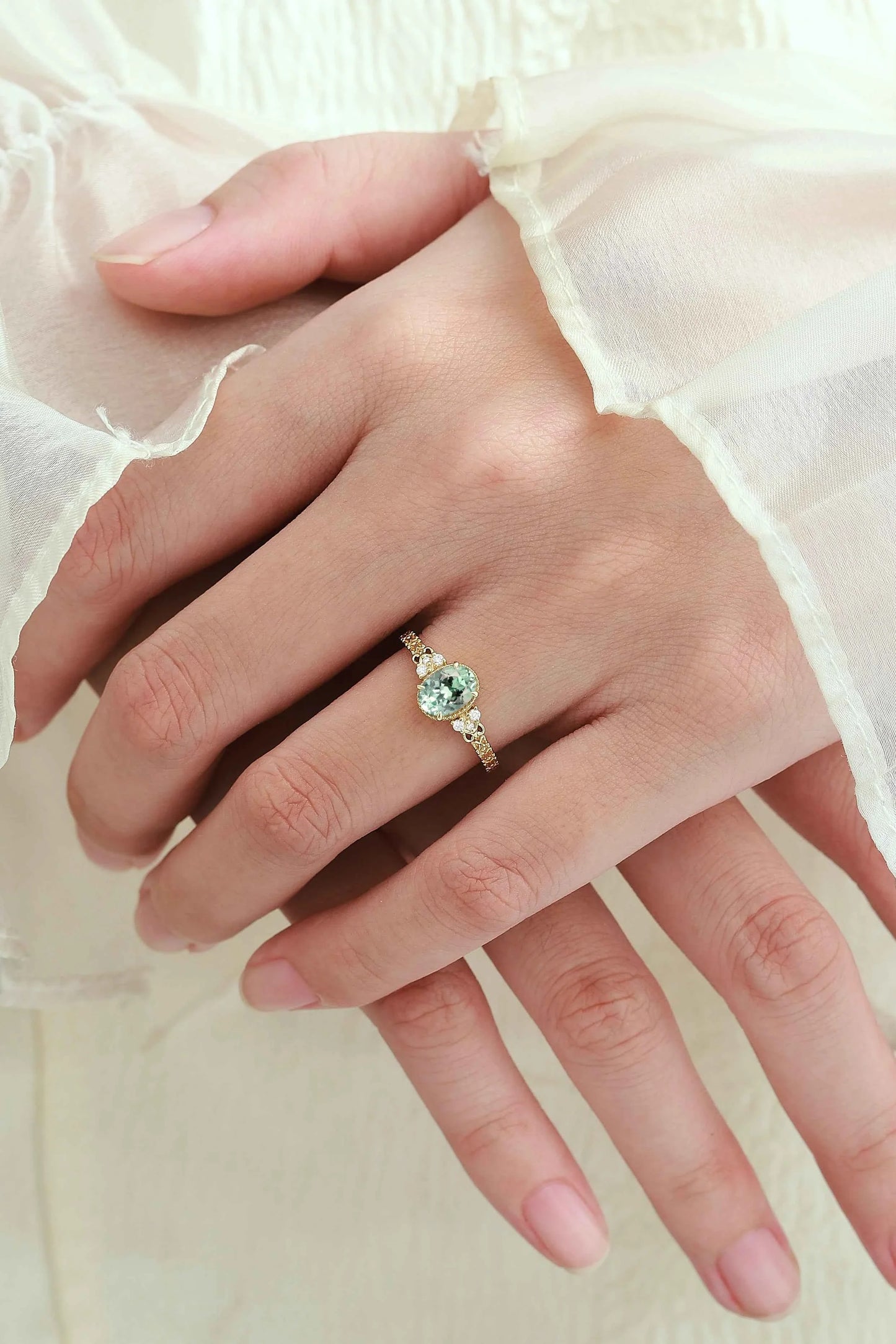Vintage Engraved Green Sapphire Bezel Engagement Ring