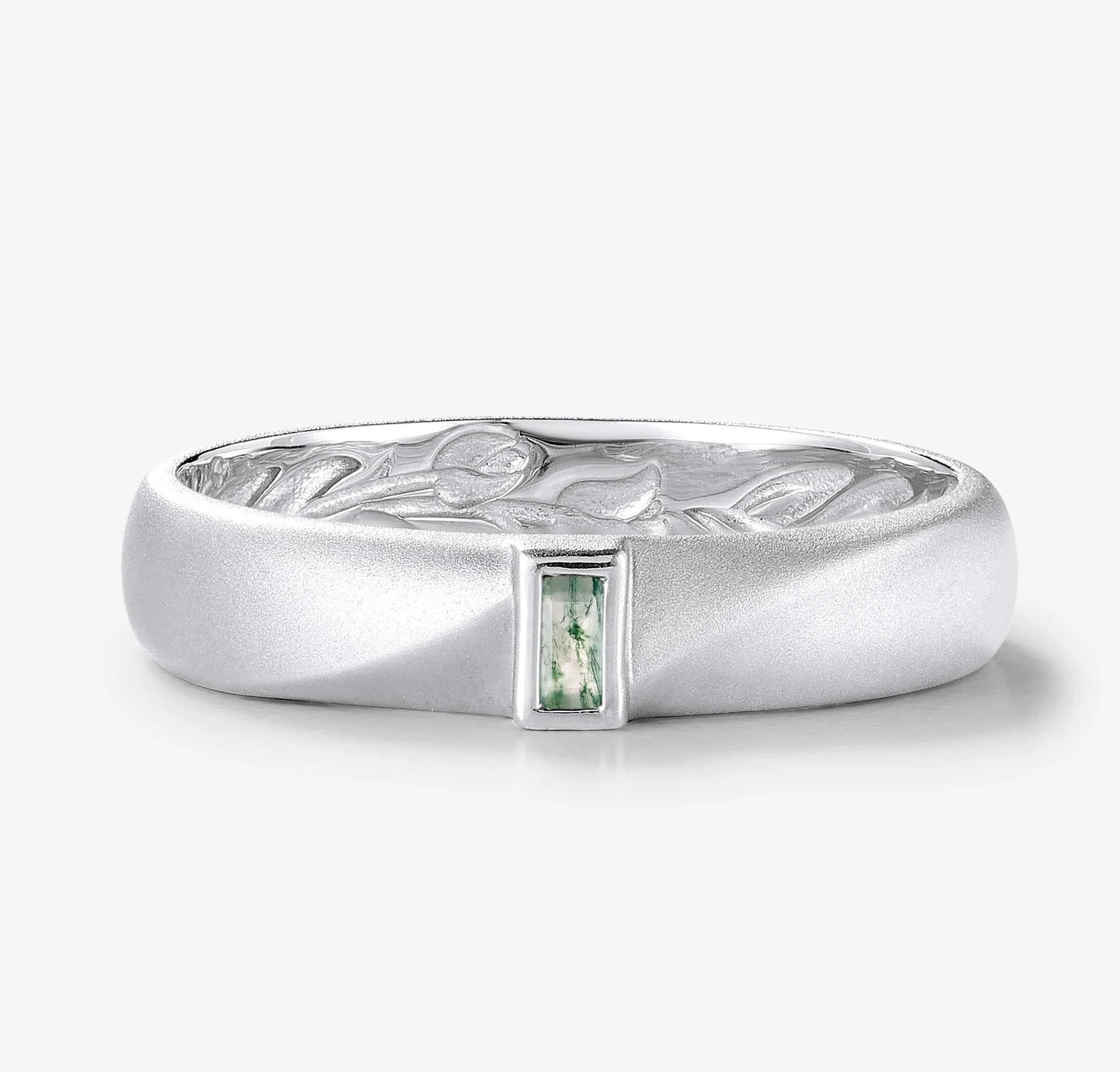 Nature-Inspired Moss Agate Men’s Wedding Band with Inner Tulip Carving
