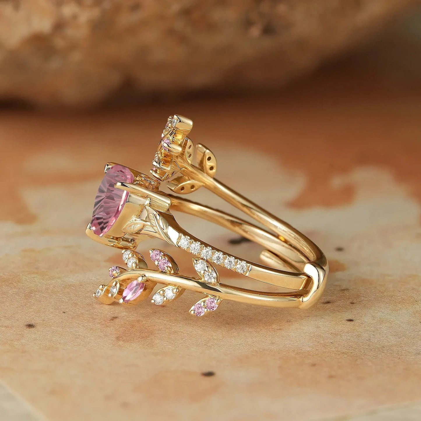Aphrodite's Enchanted Vine | A Mythical Heart Shaped Sparkle Cut Padparadscha Engagement Ring Set