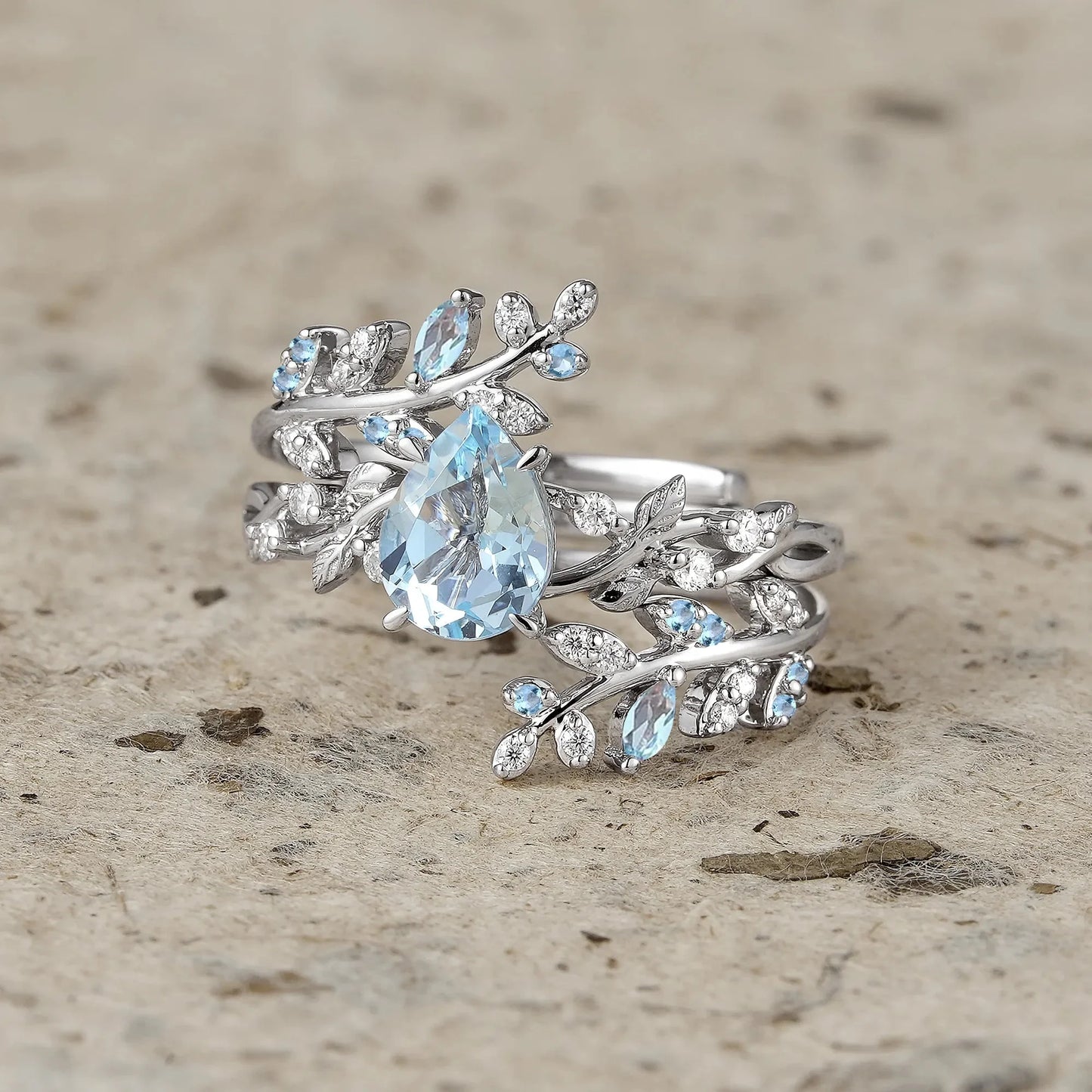 Aphrodite's Enchanted Vine| Blue Topaz Cross Leaf Ehancer Ring Set - Leah