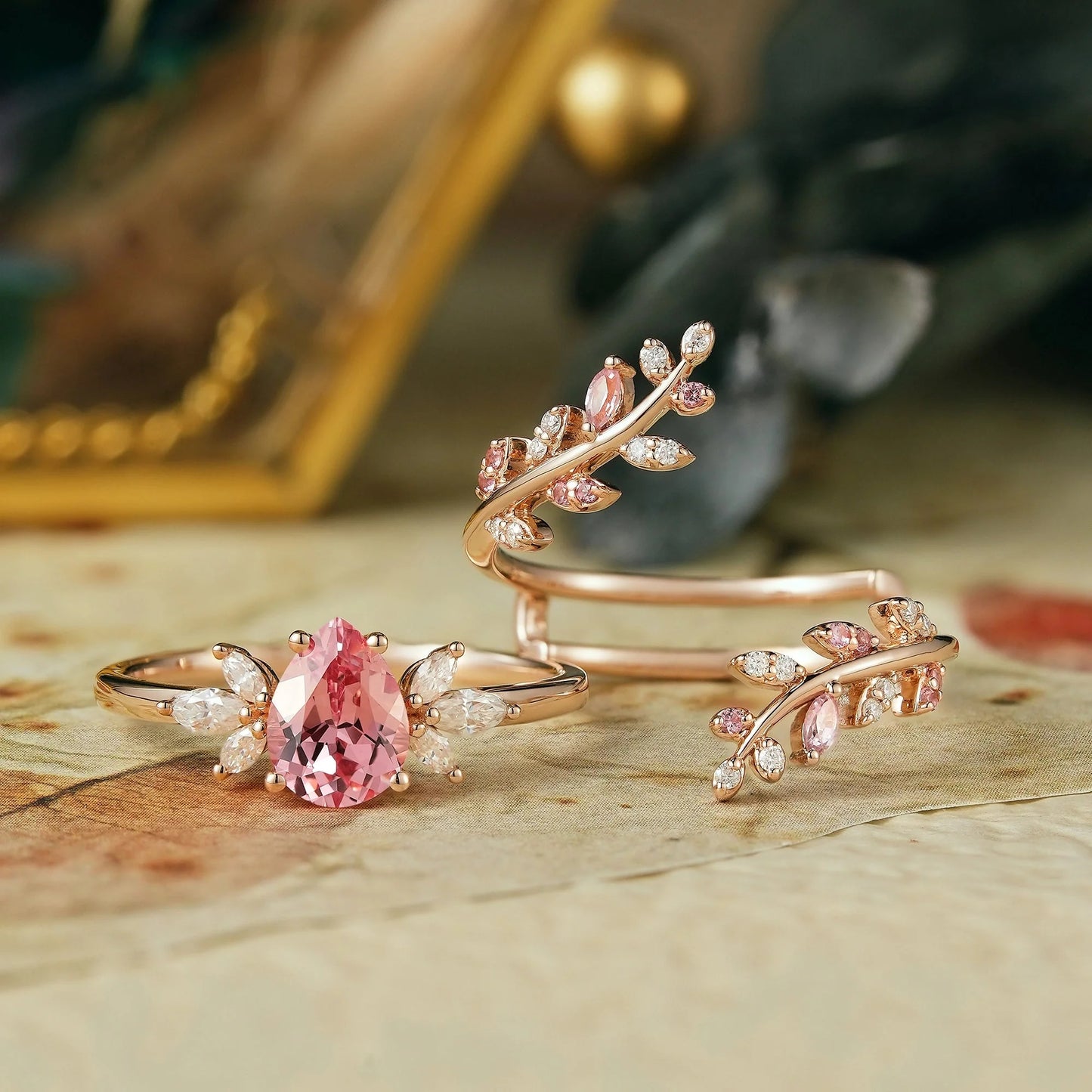 Aphrodite's Enchanted Vine| Padparadscha Enhancer Ring Set-Elizabeth